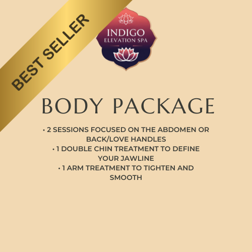 Advertisement for Indigo Elevation Spa's body package, including sessions focused on the abdomen or back, a double chin treatment, and an arm treatment.