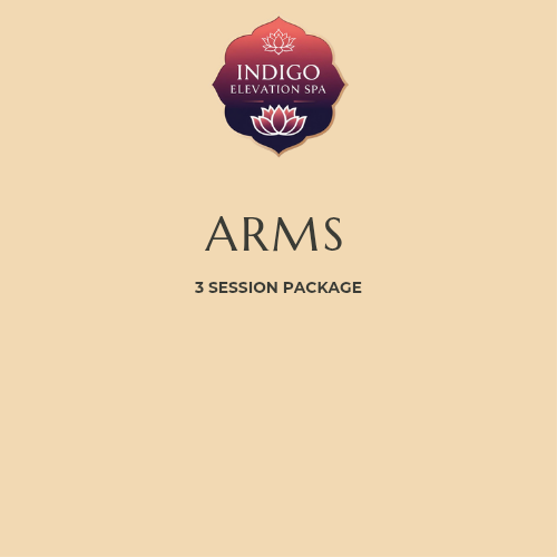 Spa brochure titled 'INDIGO ELEVATION SPA ARMS 3 SESSION PACKAGE' with beige background and a logo featuring a lotus flower.