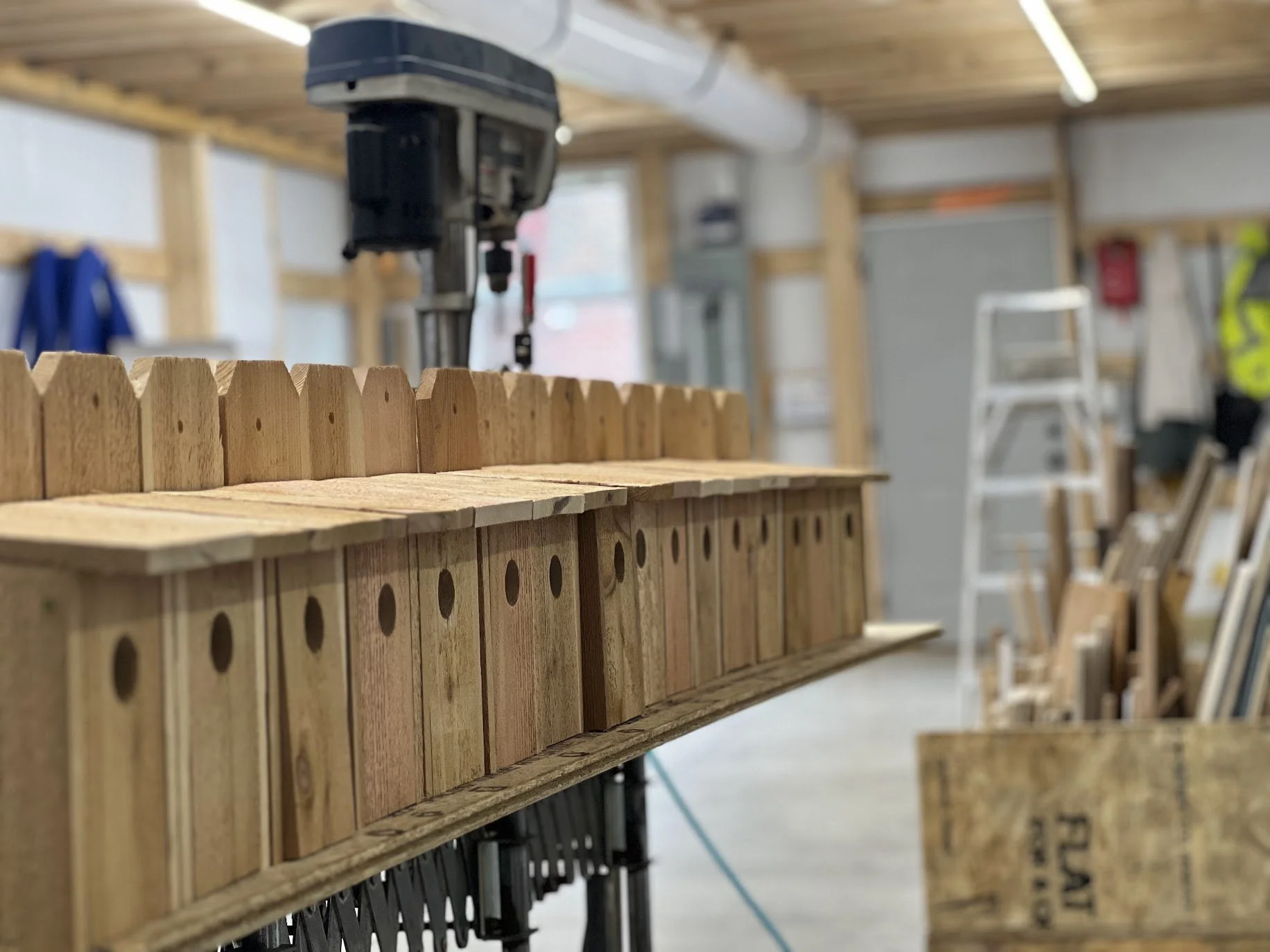 A woodworking workshop with a row of wooden bird houses in the foreground, a drill press in the background, and various woodworking tools and materials scattered throughout the space.