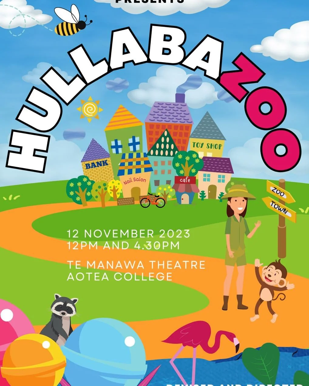 Colorful poster advertising a family event called Hullabazoo with illustrated houses, trees, animals, and children.