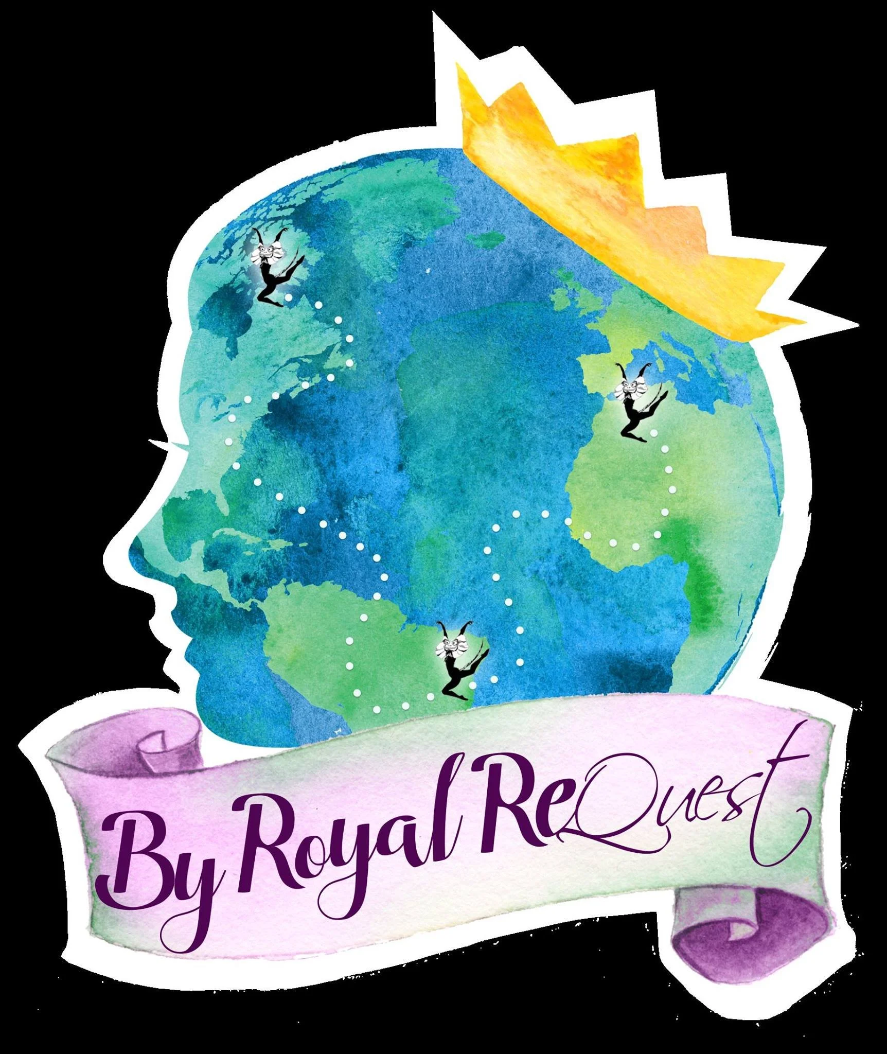 Watercolor illustration of a globe shaped like a facial profile, surrounded by a pink ribbon banner with purple text that reads 'By Royal ReQuest'.