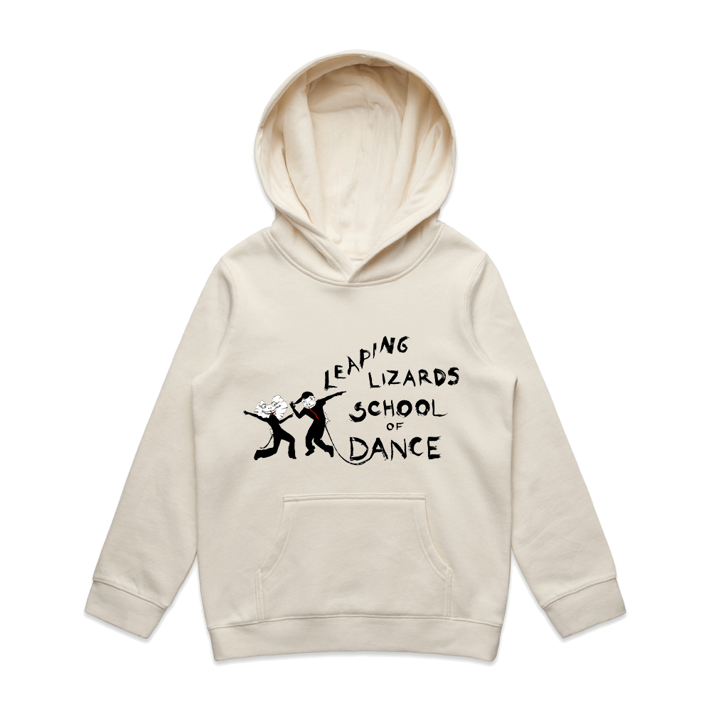 Cream-colored hoodie with a graphic of two dancing lizard characters and the text "Leaping Lizards School of Dance".