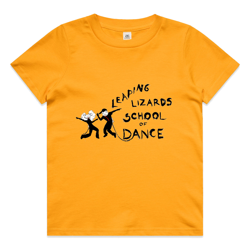 Orange T-shirt with black and white illustration of two leaping lizards dancing and the text "Leaping Lizards School of Dance".