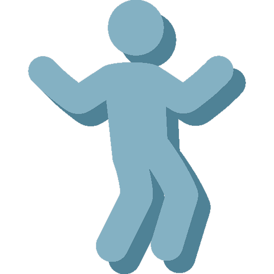 Blue cartoon figure with arms raised and legs apart, appearing to be dancing or jumping.