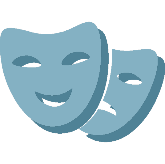 Two blue theater masks with smiling and frowning expressions.