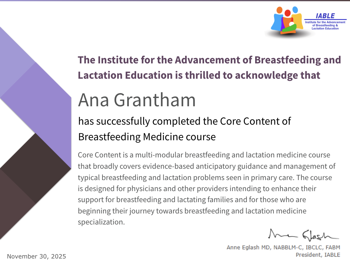 IABLE Core Content certificate of completion for Ana Grantham RN IBCLC lactation consultant serving Boulder County Colorado