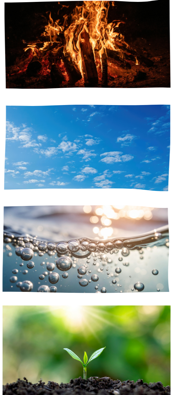 A collage of four images showing a campfire at night, a blue sky with clouds, water bubbles, and a sprouting plant in soil.