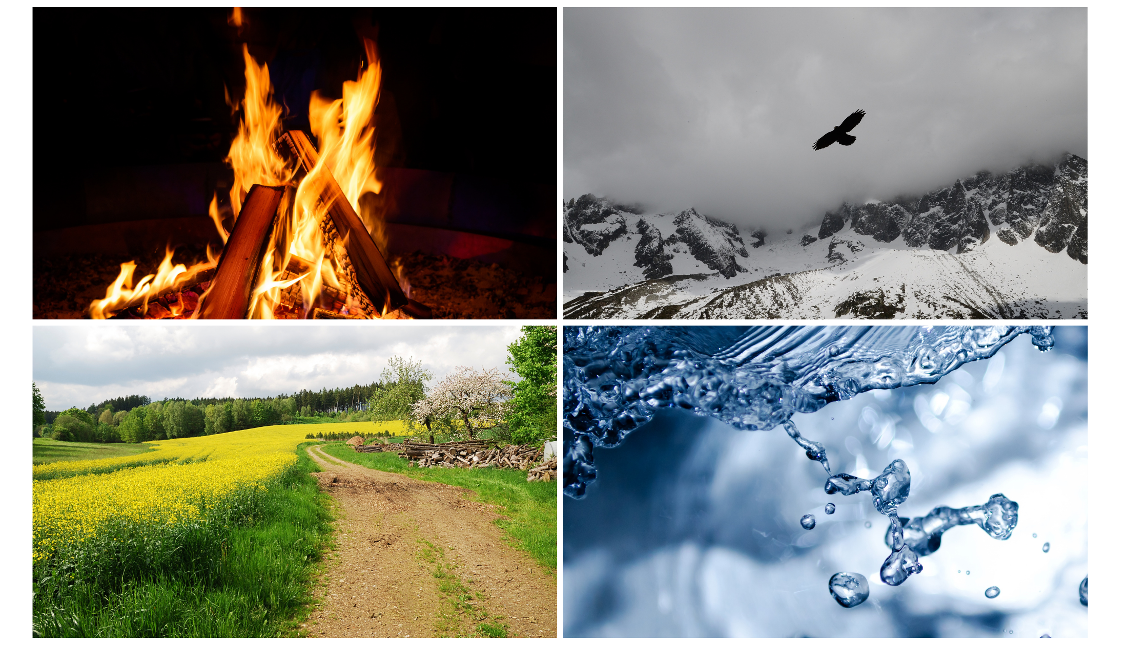 A collage of four images: a campfire with flames and logs, a snowy mountain with a bird flying, a green countryside with a dirt path, and splashing water.