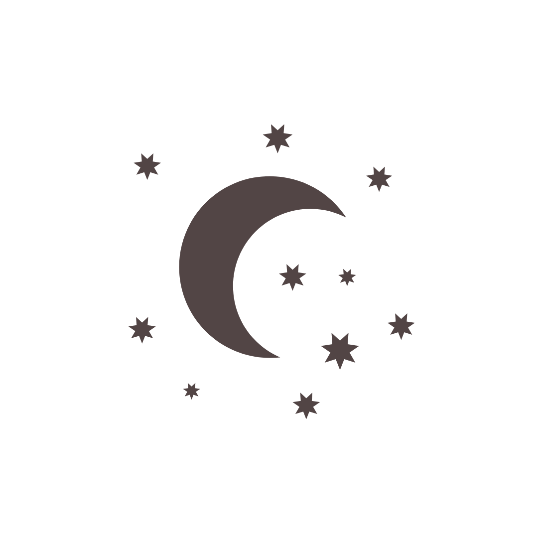 Black background with a crescent moon and several small stars surrounding it, creating a night sky scene.