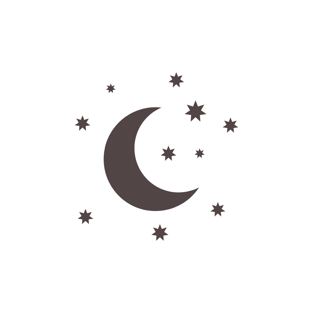 Dark background with a crescent moon and multiple stars scattered around.