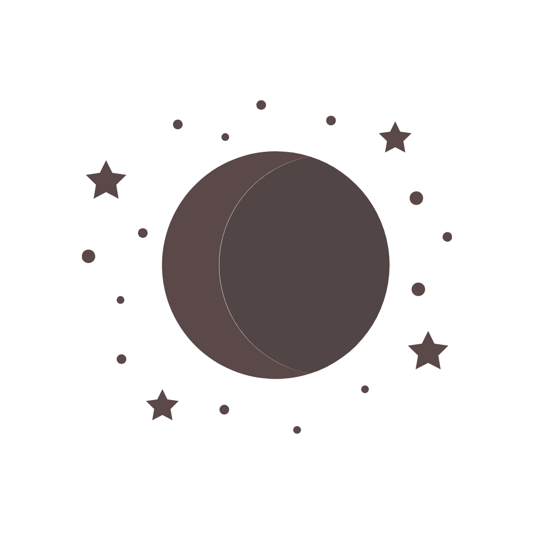 Illustration of a lunar eclipse with the moon partially covered by Earth's shadow, surrounded by stars and small planets.