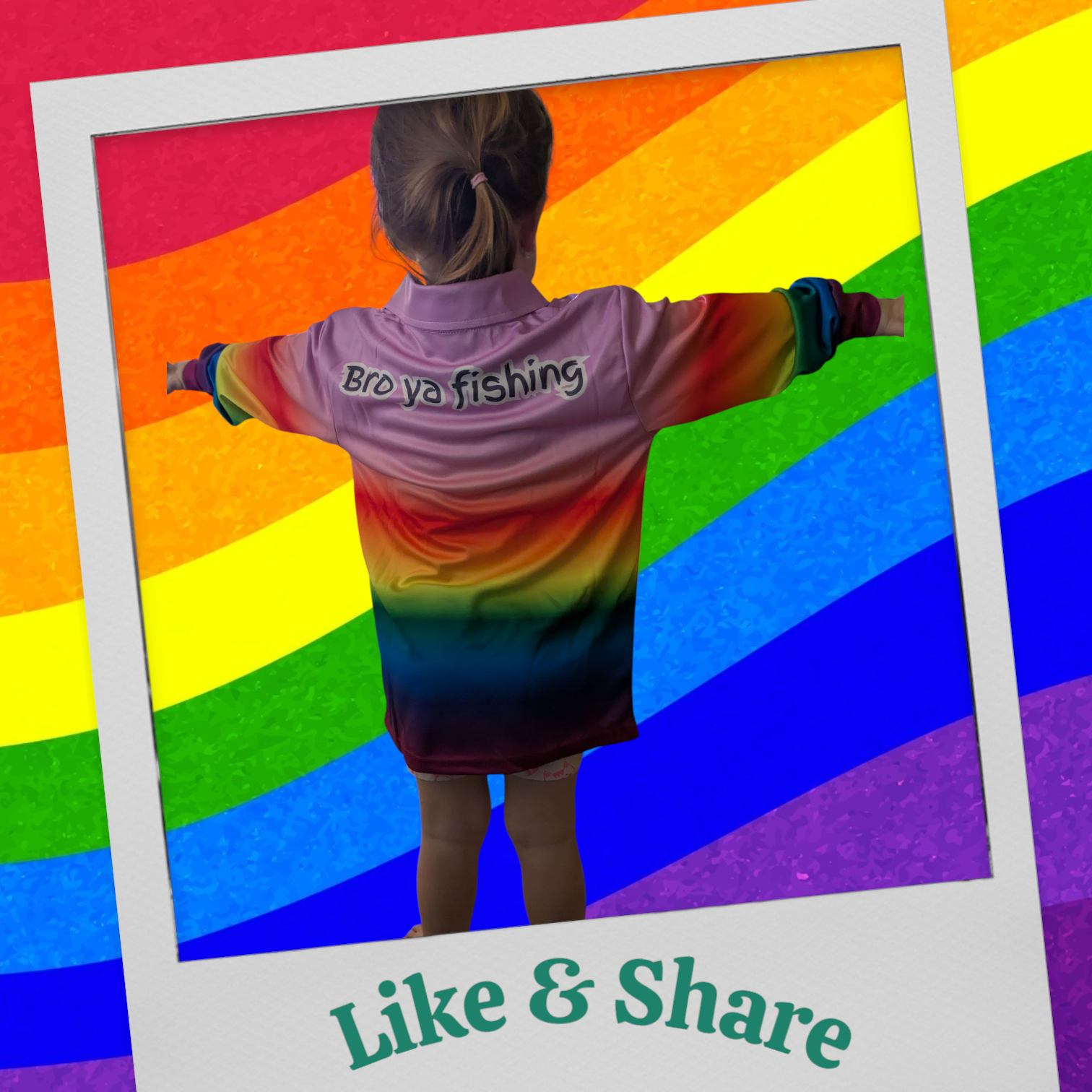 Child standing with arms stretched out, facing away, wearing a rainbow-colored jacket with the text "Bro ya fishing" on the back, in front of a vibrant rainbow background.