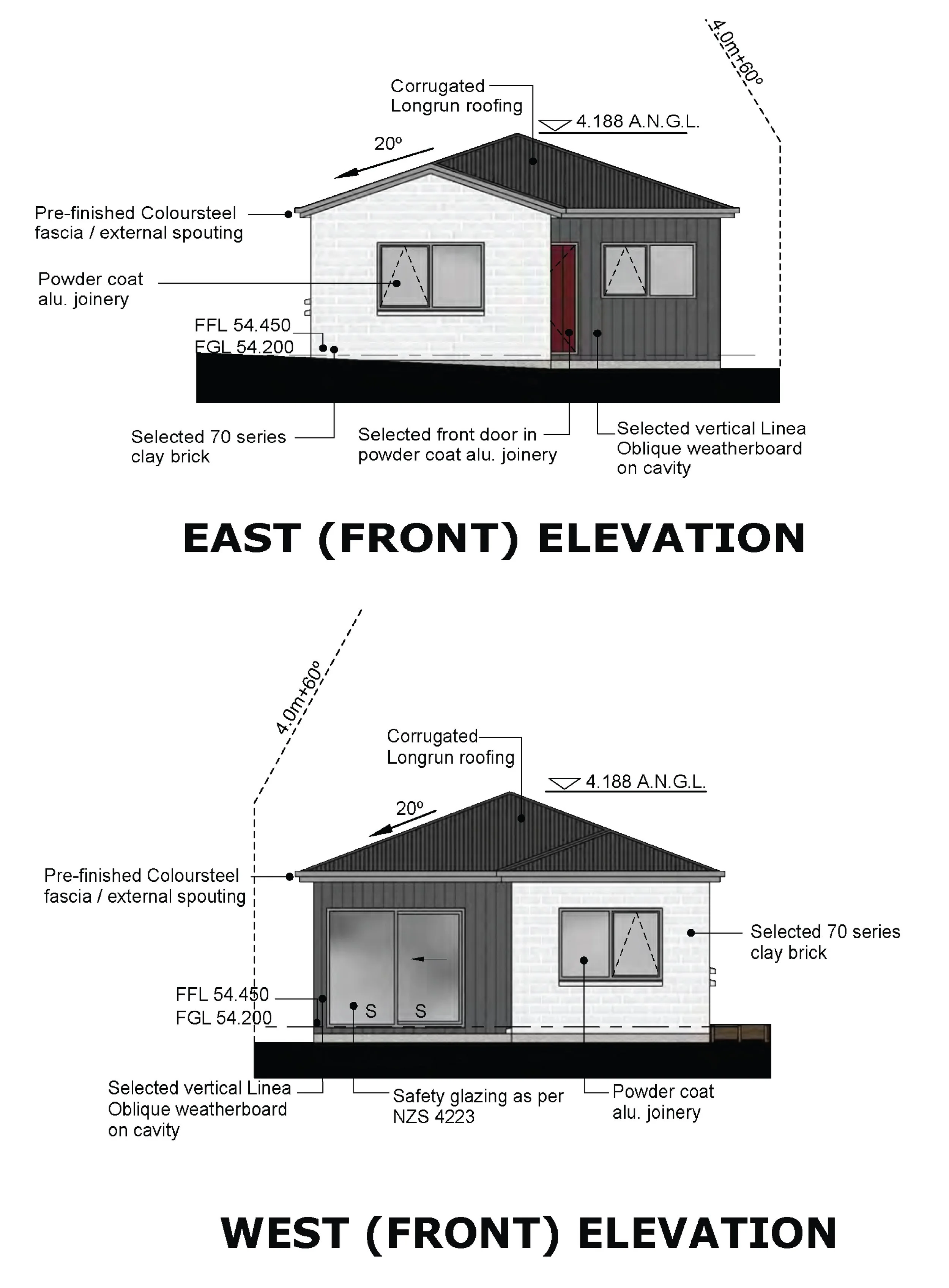 Architectural drawings of a house's east and west front elevations, showing roof, windows, doors, and exterior wall details with annotations.