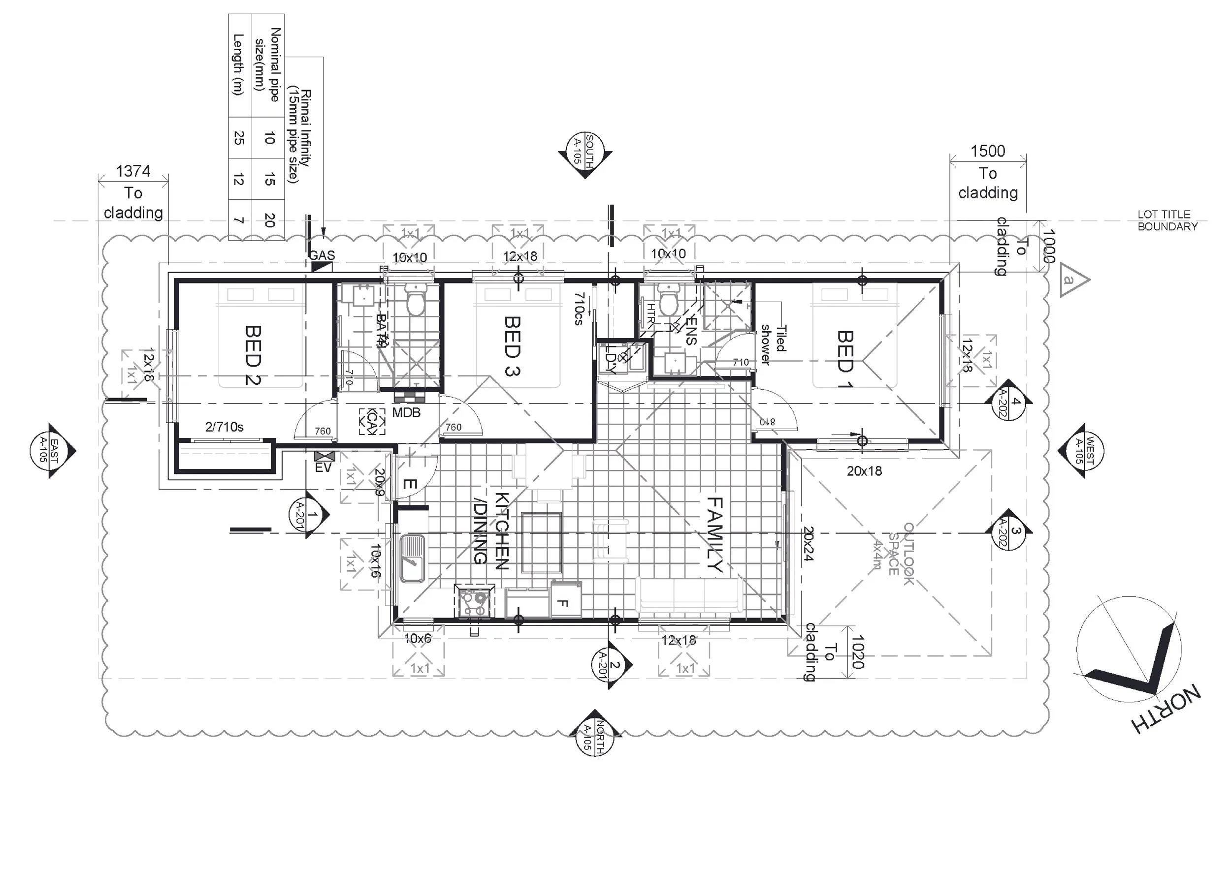 Architectural floor plan of a house showing three bedrooms labeled BED 1, BED 2, and BED 3, with a kitchen, dining, family area, bathrooms, and outdoor landscaping details.