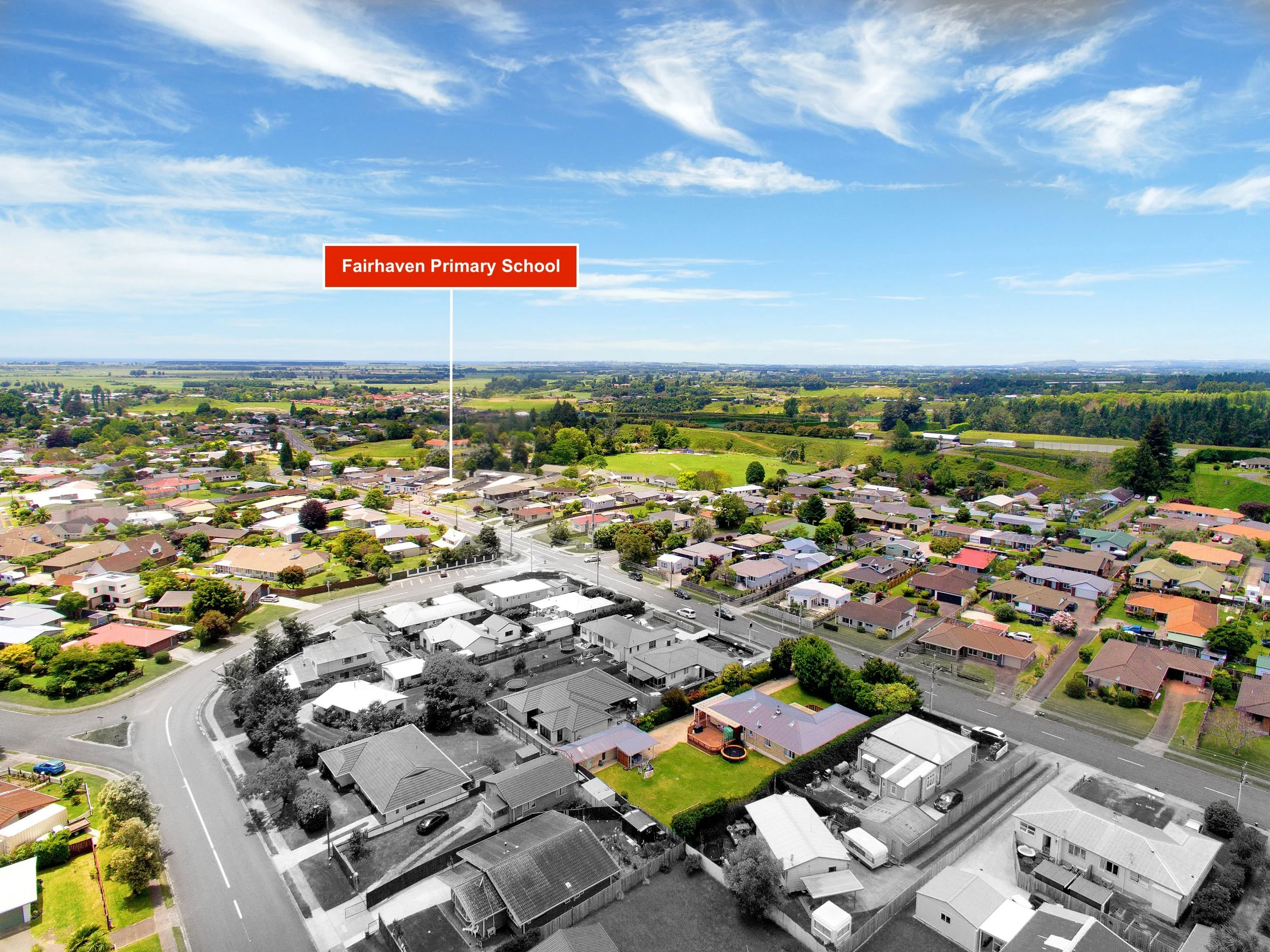 Aerial view of a suburban neighborhood with a label pointing to Fairhaven Primary School in the distance.
