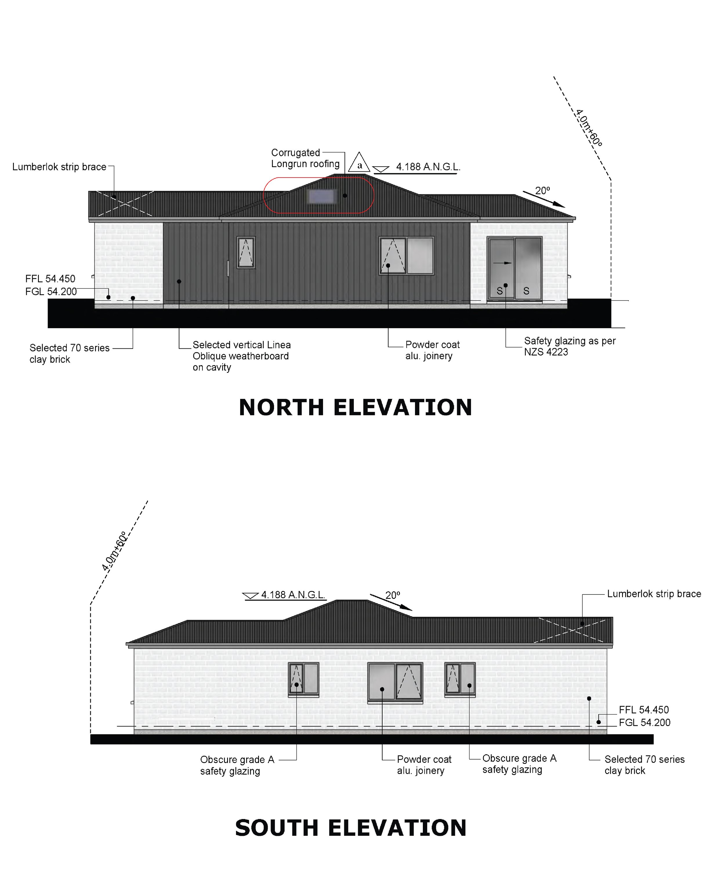 Architectural elevation drawings of a house, showing north and south views with roofing, window, and door details, including material annotations and measurements.