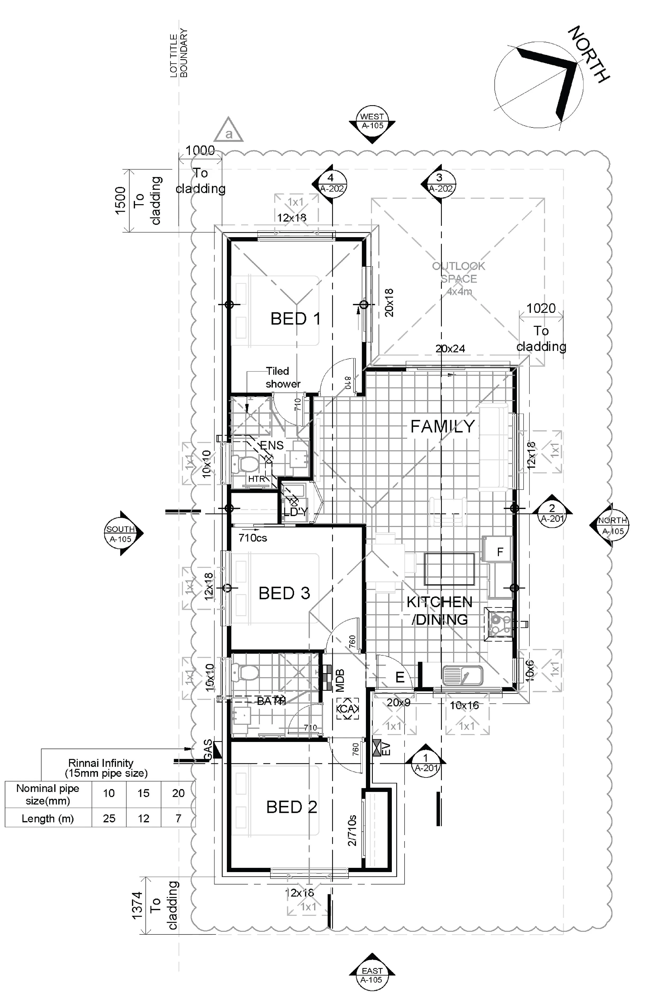Architectural floor plan of a house, showing rooms labeled Bed 1, Bed 2, Bed 3, Kitchen/Dining, Family room, Ensuite, Bathroom, Laundry, and Hallways, with exterior yard boundaries, directional markers, and notes on construction details.
