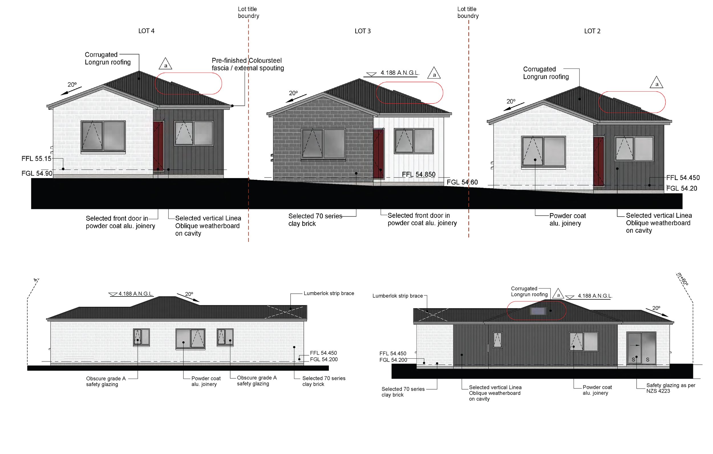 Architectural drawing of a house showing front, side, and rear elevations with details of roofing, brick, weatherboard, and safety glazing.