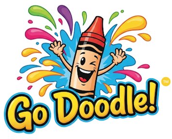 Colorful cartoon pencil character with a smiling face, arms raised, surrounded by dynamic splashes of colorful paint or ink, with the text 'Go Doodle!' in bold yellow letters underneath.