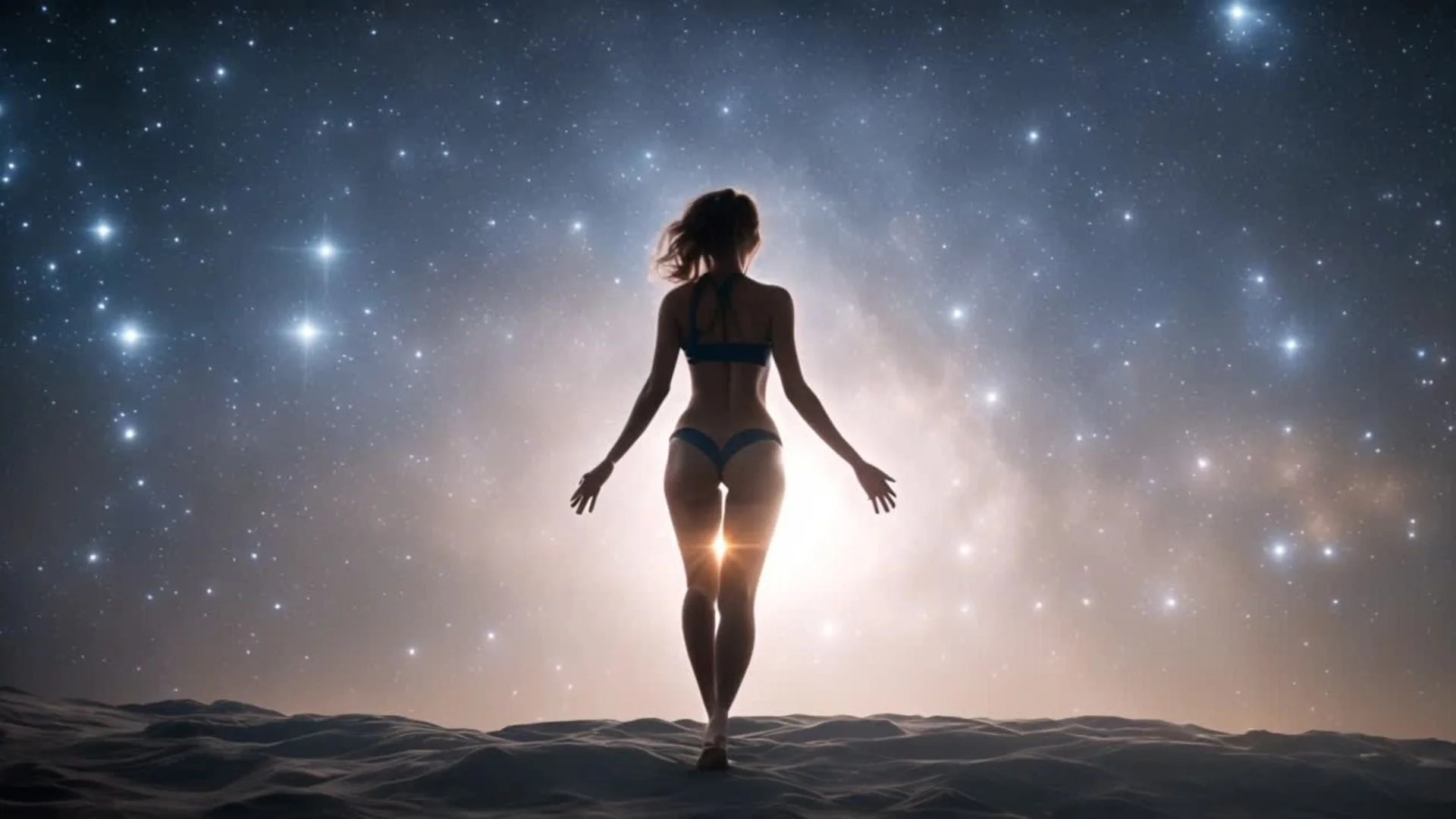 Silhouette of a woman in her underwear walking on sand at night with a starry sky and the Milky Way in the background.