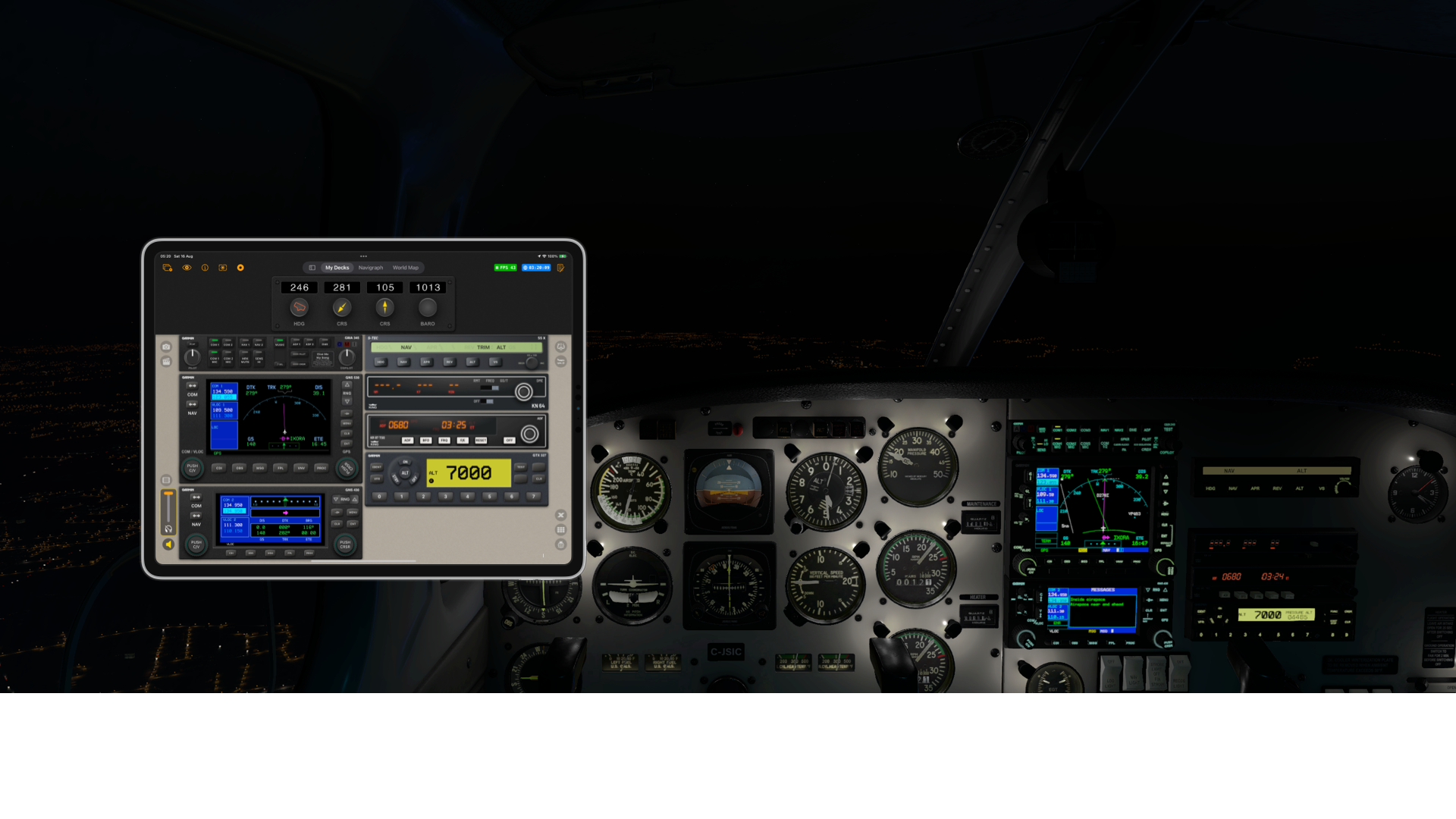 Nighttime view from airplane cockpit showing various flight instruments and a tablet with flight control software overlaid on the dashboard, with city lights visible below.