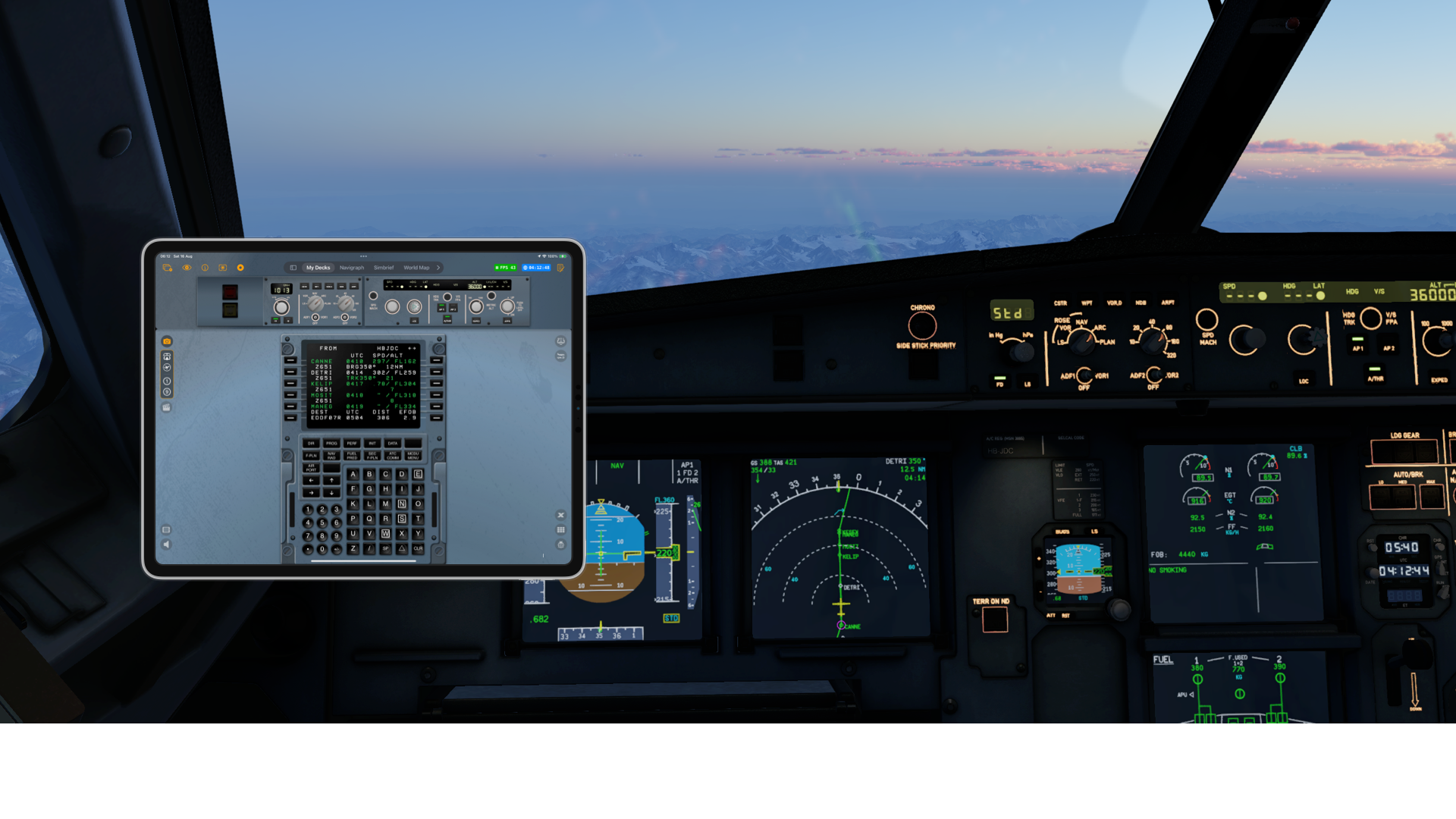 View inside an airplane cockpit showing multiple digital and analog flight instruments, screens, and controls with sky and mountain scenery through the windshield.