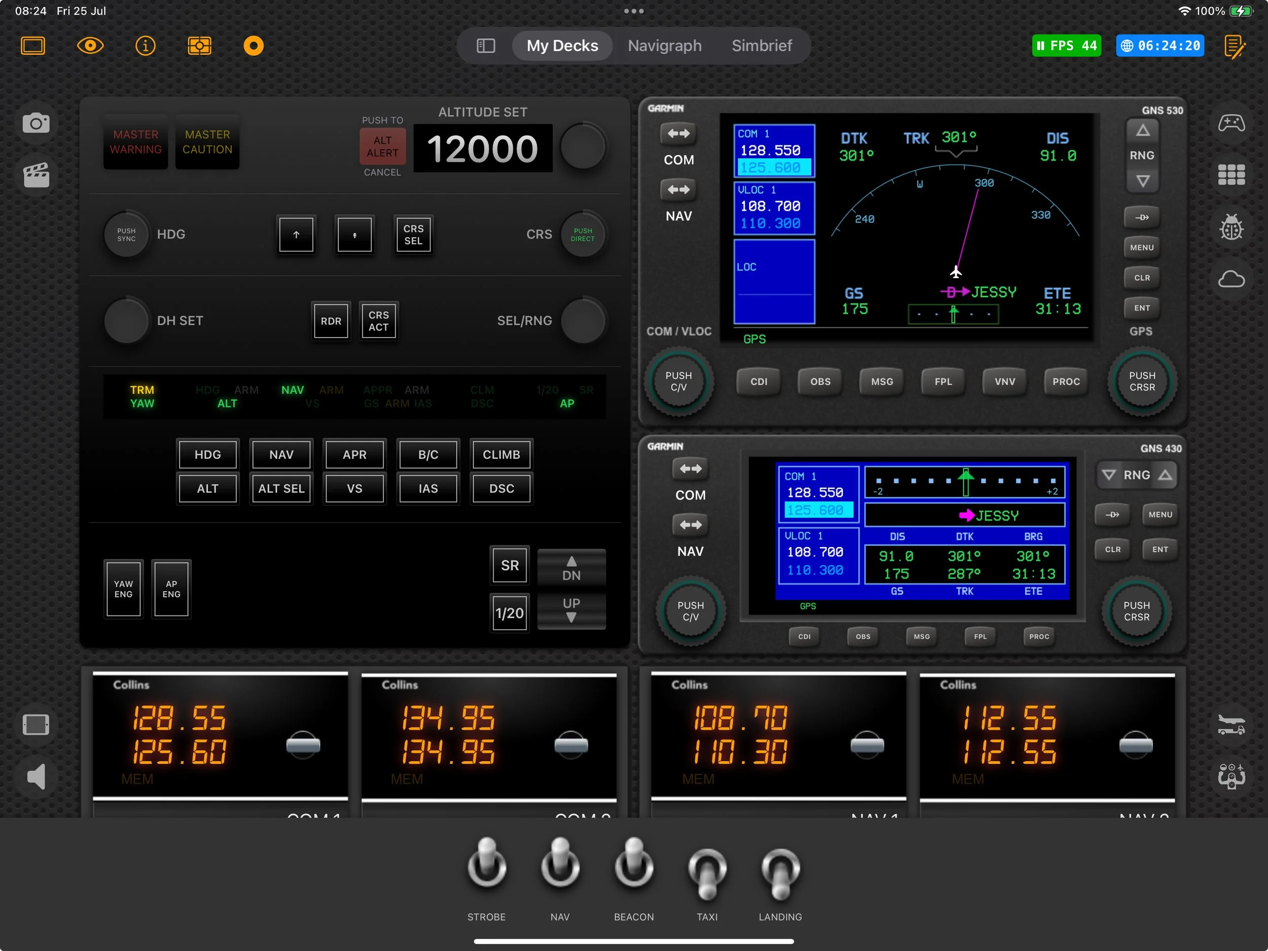 Screenshot of an aircraft cockpit display and controls including navigation, altitude, and engine information.