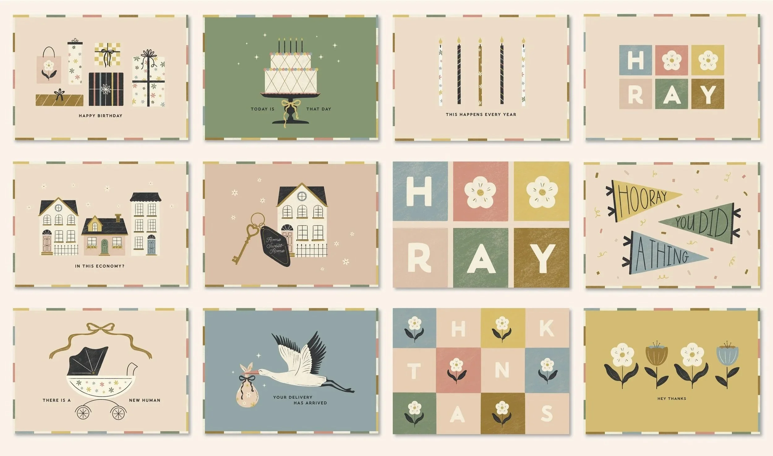 Collection of nine birthday-themed greeting cards featuring illustrations of presents, cakes, candles, houses, flowers, a baby stroller, a stork, a stork delivering a baby, and alphabet blocks, with various messages.