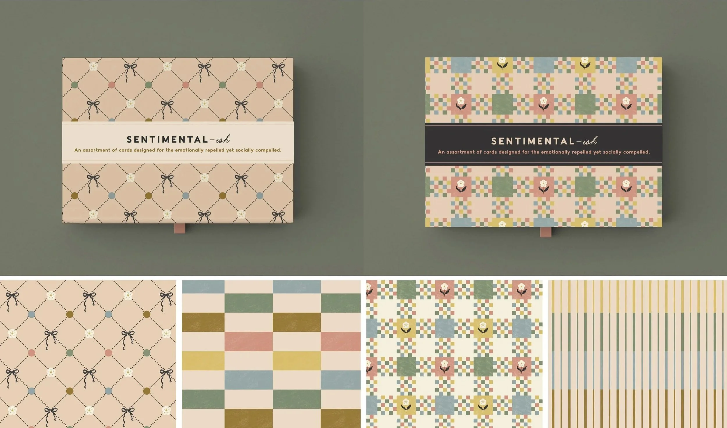 Two decorative card boxes with pastel and floral designs, labeled 'Sentimental-ish' and 'Sentimental-ah'. The left box features a peach background with a black ribbon pattern, while the right box has a colorful grid and floral pattern. Below, four fa