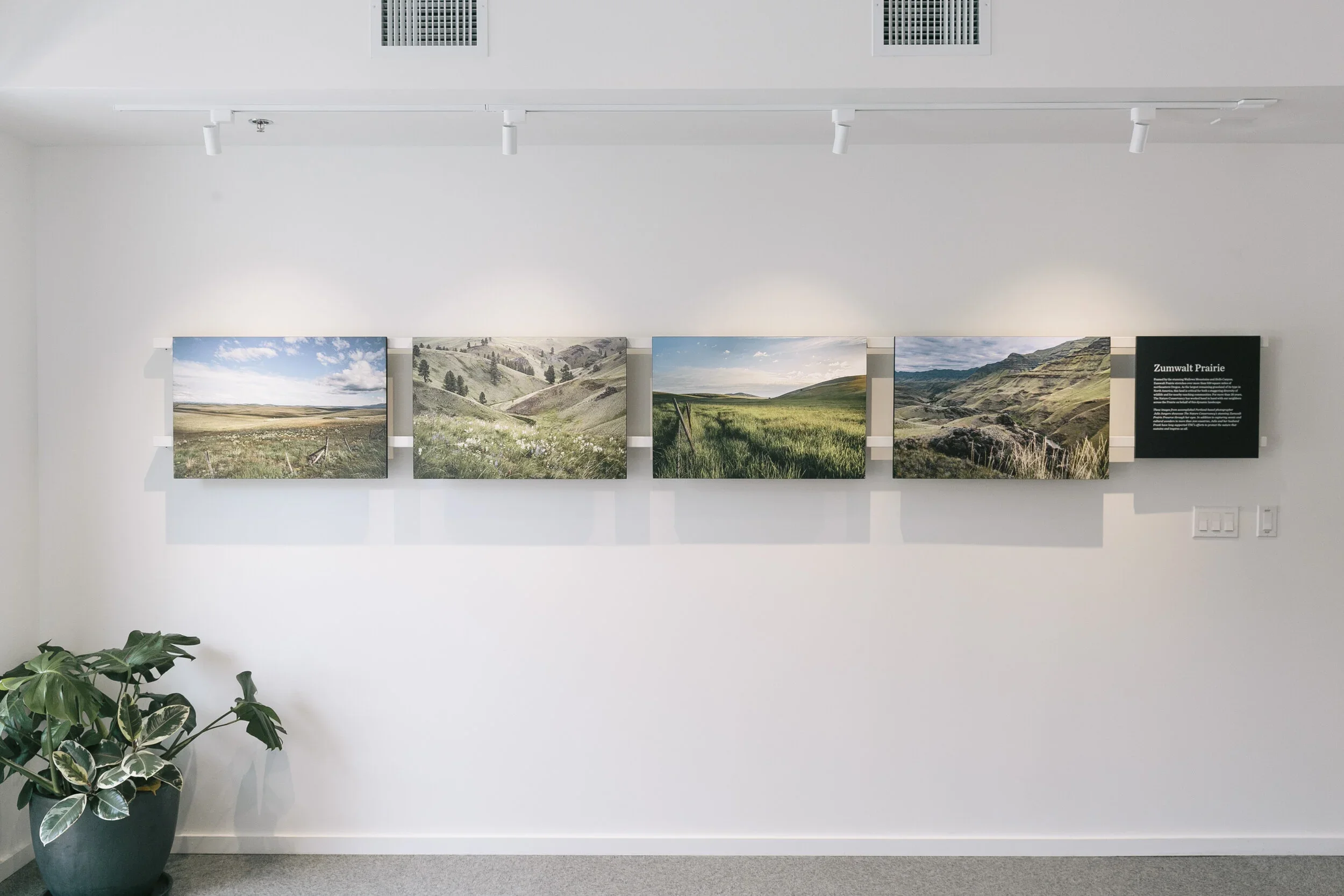 Gallery wall with five landscape photographs of rolling hills and prairie scenery, and an informational plaque labeled "Zumwalt Prairie" to the right.