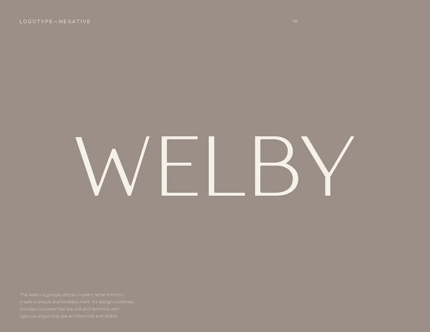 Graphic showing the word 'WELBY' in large, light-colored letters on a taupe background, with small text about the Wilby logotype at the bottom left.