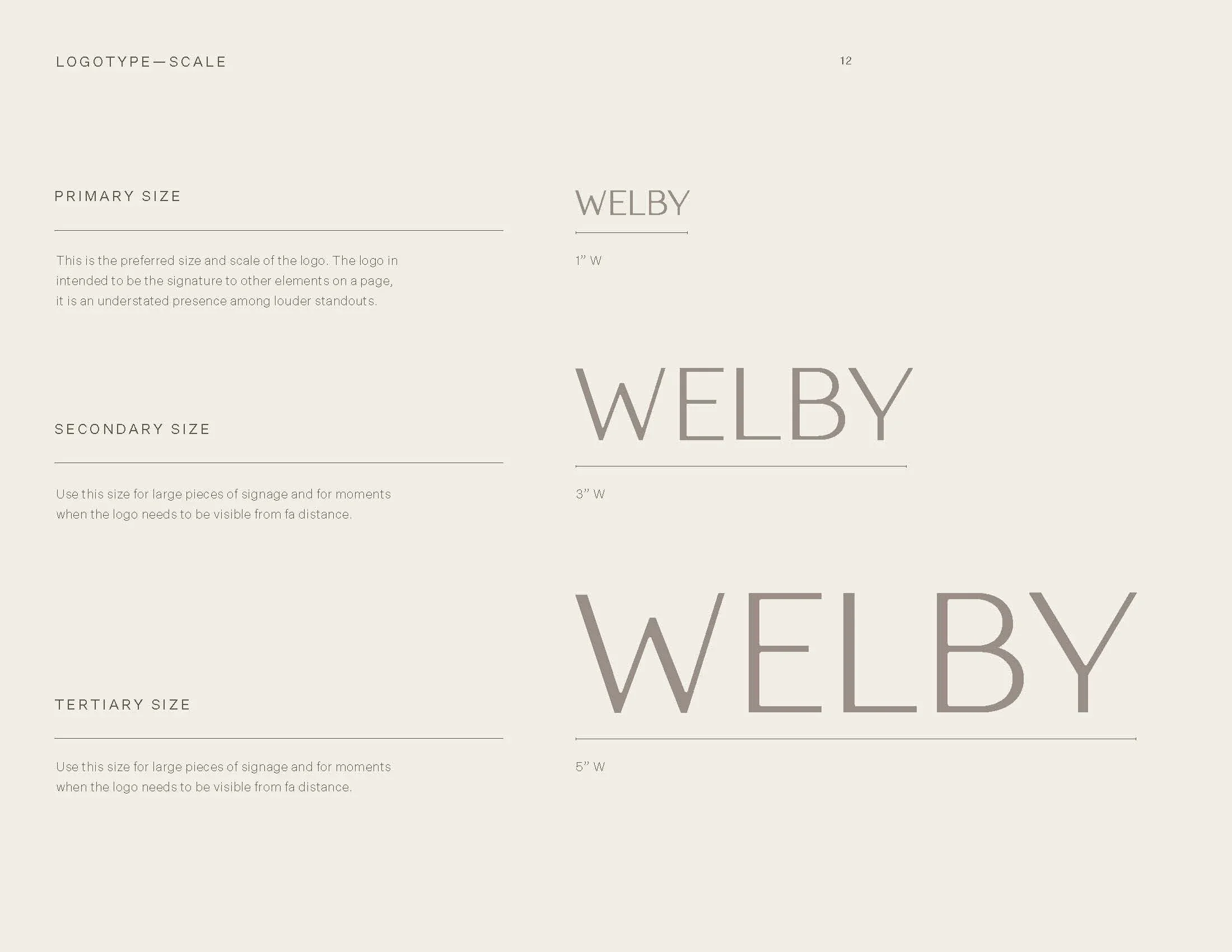Design style guide showcasing the logo 'WELBY' in various sizes: primary size, secondary size, and tertiary size, with size measurements noted.