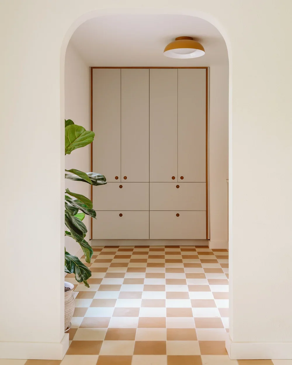 View of an entryway with checkered tile floor, a large built-in closet with beige doors and wooden knobs, a potted plant on the left, and a ceiling light fixture.