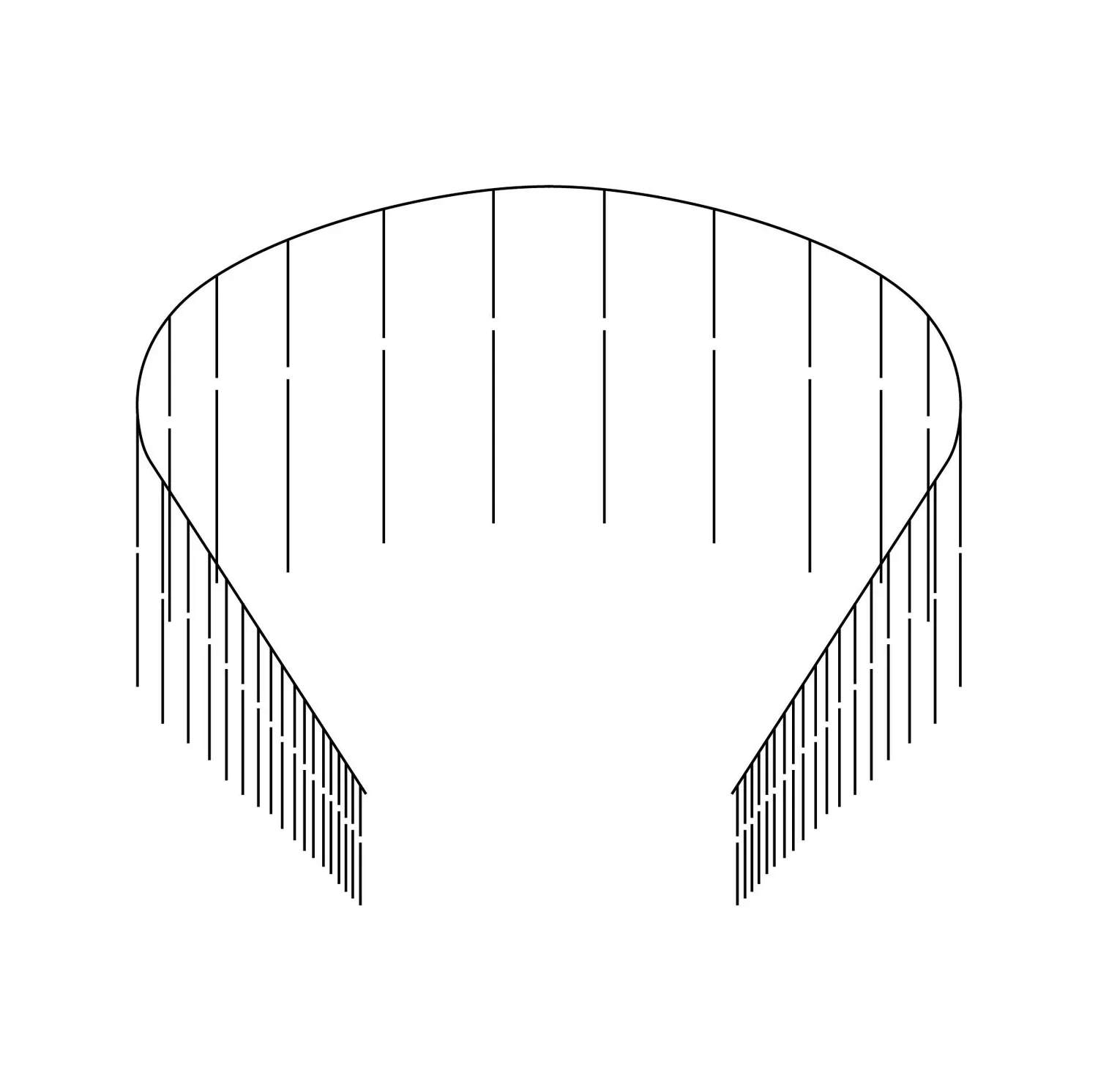 Isometric drawing of a shell featuring interior vertical ribs and an open front, resembling the internal structure of a conch shell.