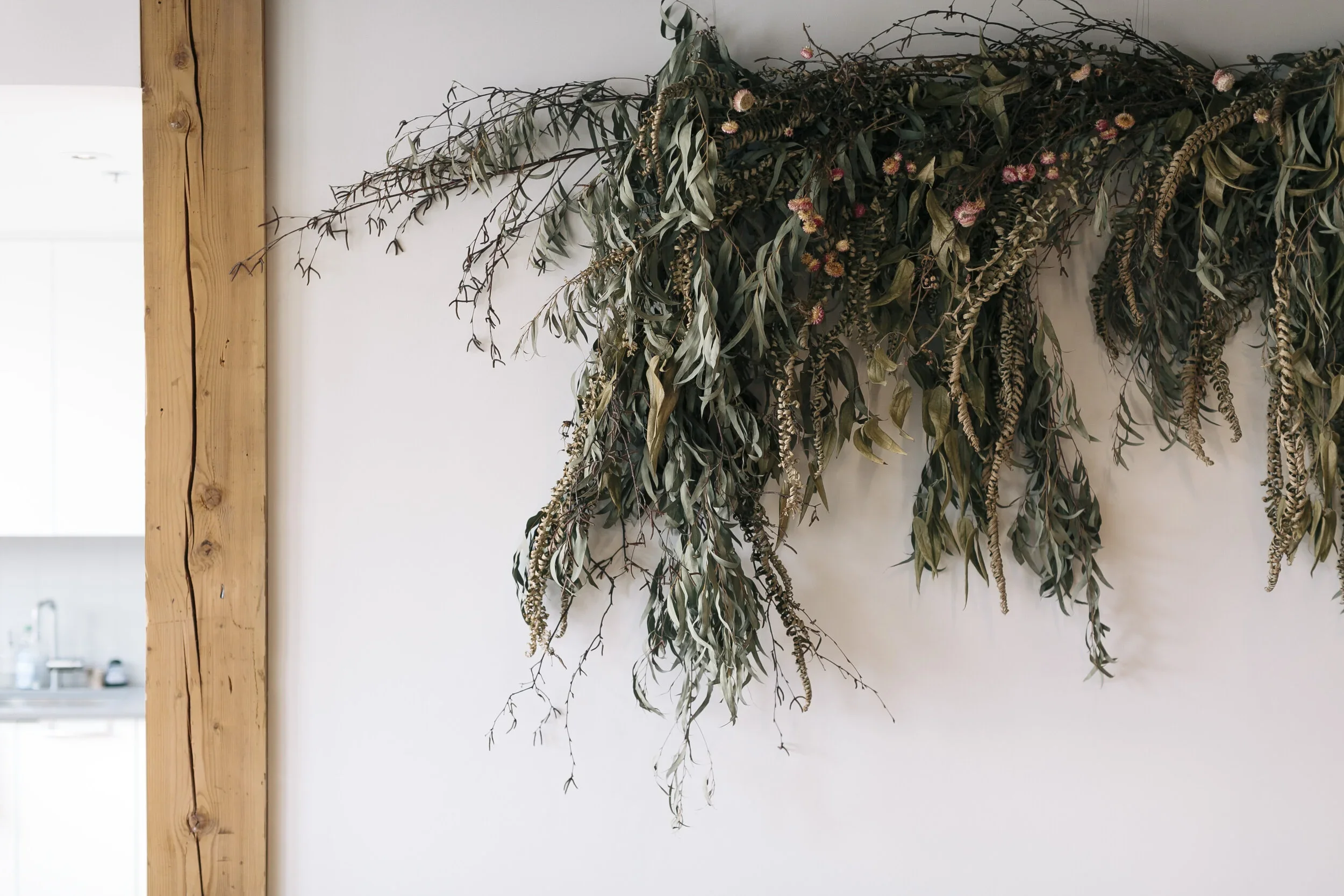 Dry greenery and flowers hanging on a white wall next to a wooden beam.