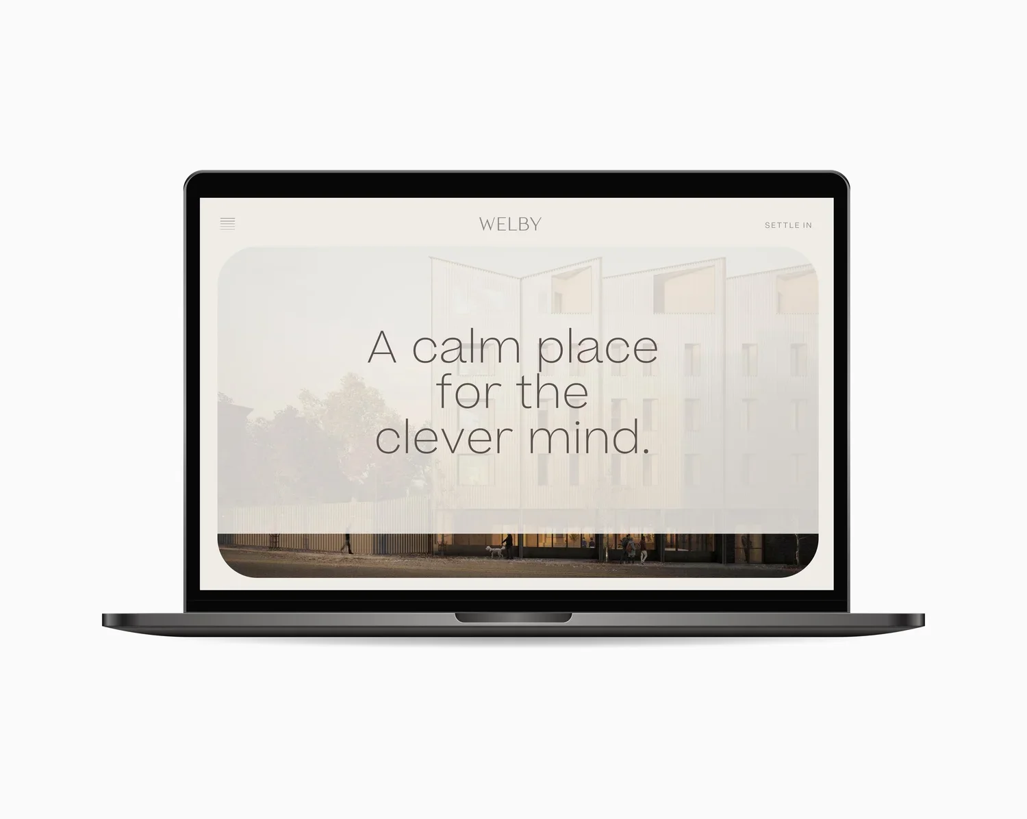 Laptop screen displaying a website with a neutral background and the text "A calm place for the clever mind."