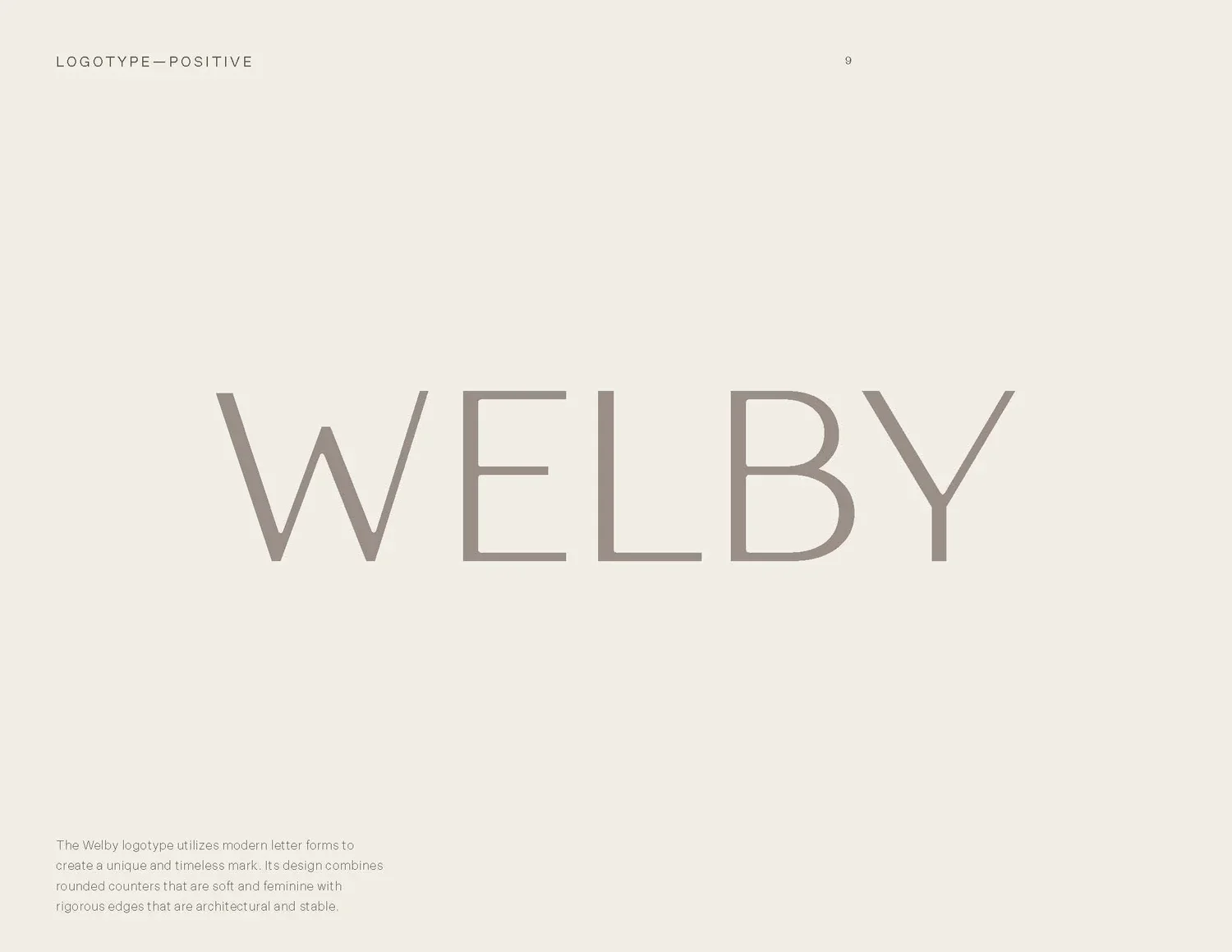 Page featuring the word "WEBY" in large, modern font, with a description about the Welby logotype and its design characteristics.