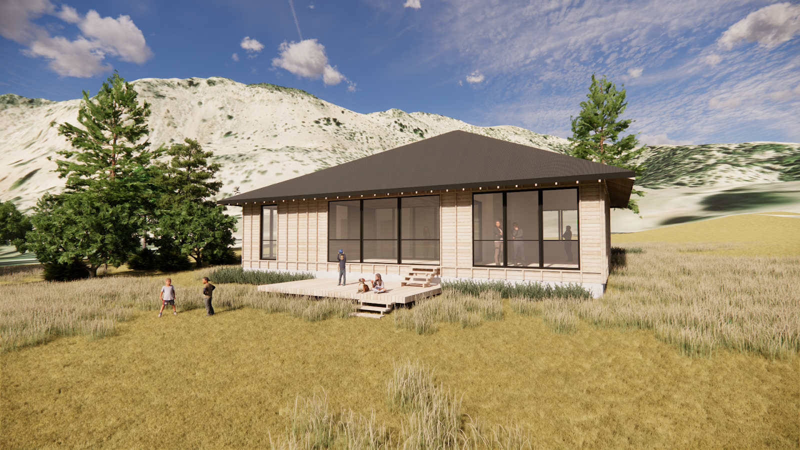 A modern house with large glass windows on a grassy hill, surrounded by trees and mountains in the background, with a few children playing outside.