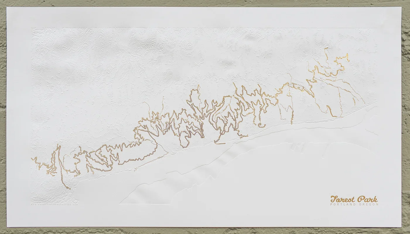 Topographic map of Forest Park in Portland, Oregon, showing contour lines and elevation details. Title in gold: 'Forest Park', location noted as Portland, Oregon.
