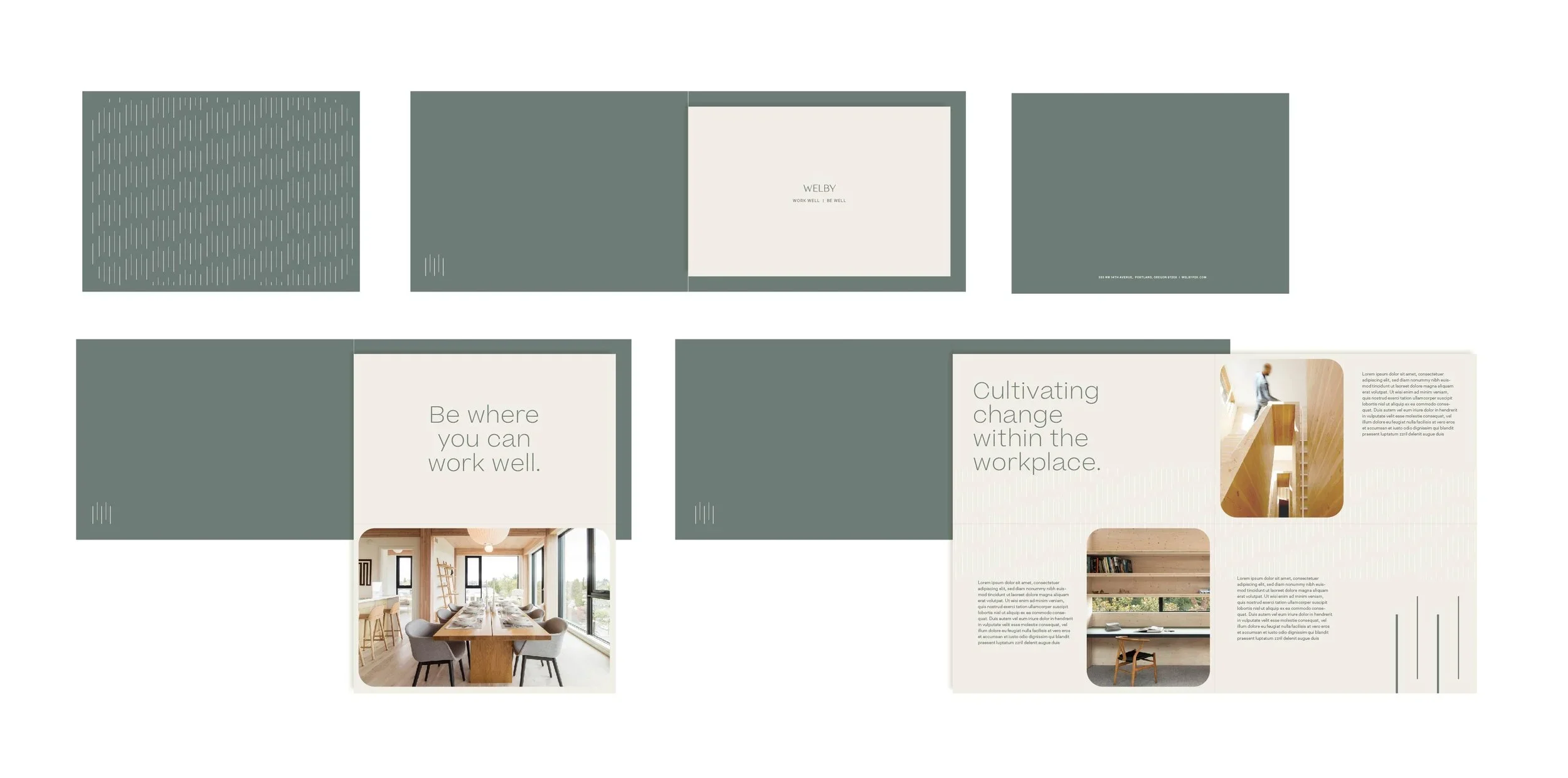 Brochure or magazine spread showcasing modern workspace design with images of natural light and wooden interiors, accompanied by text emphasizing workplace well-being and change within the workspace.