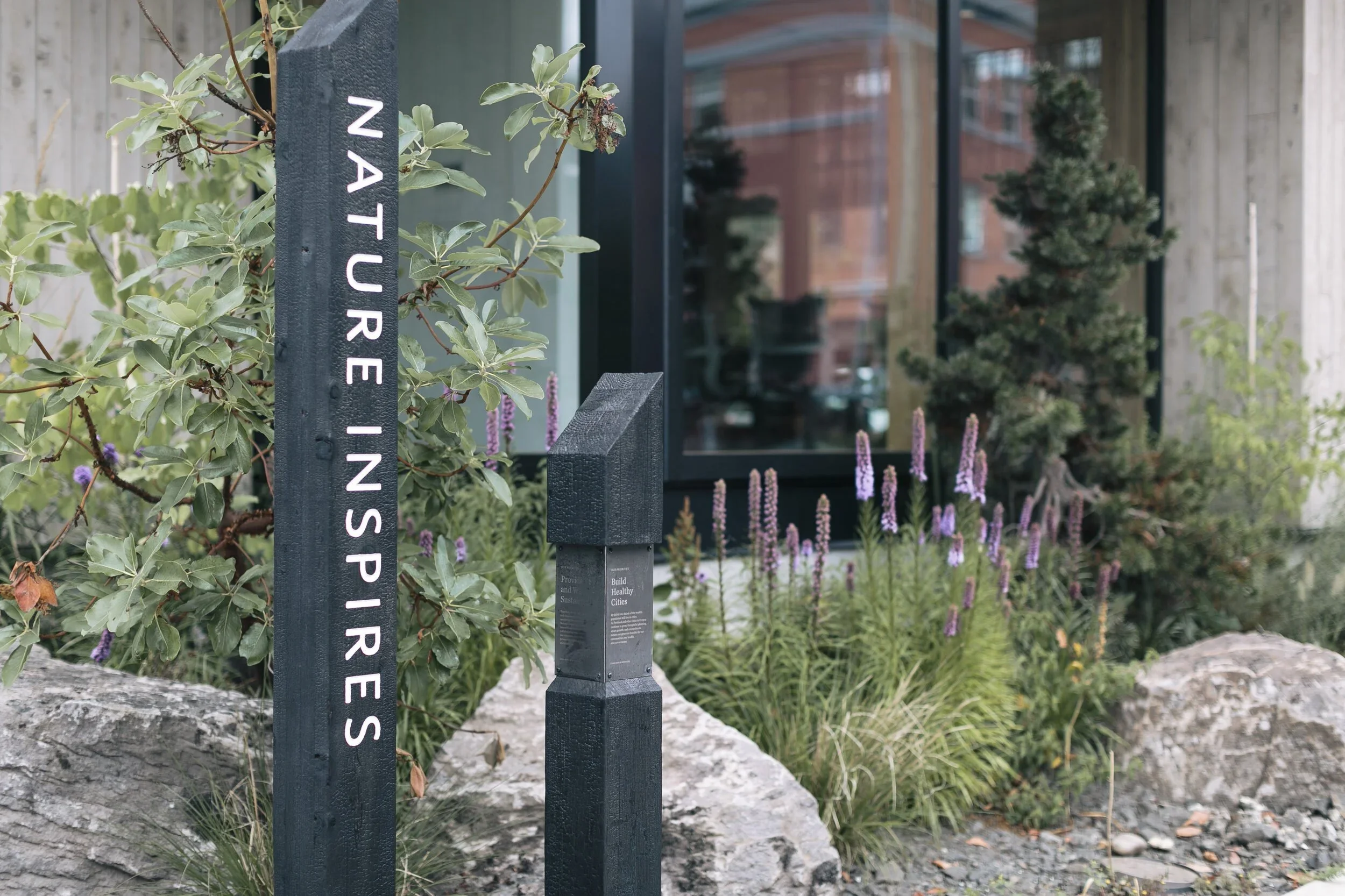 A signpost reading 'NATURE INSPIRES' surrounded by bushes and flowers in front of a building with large windows and a small pine tree.