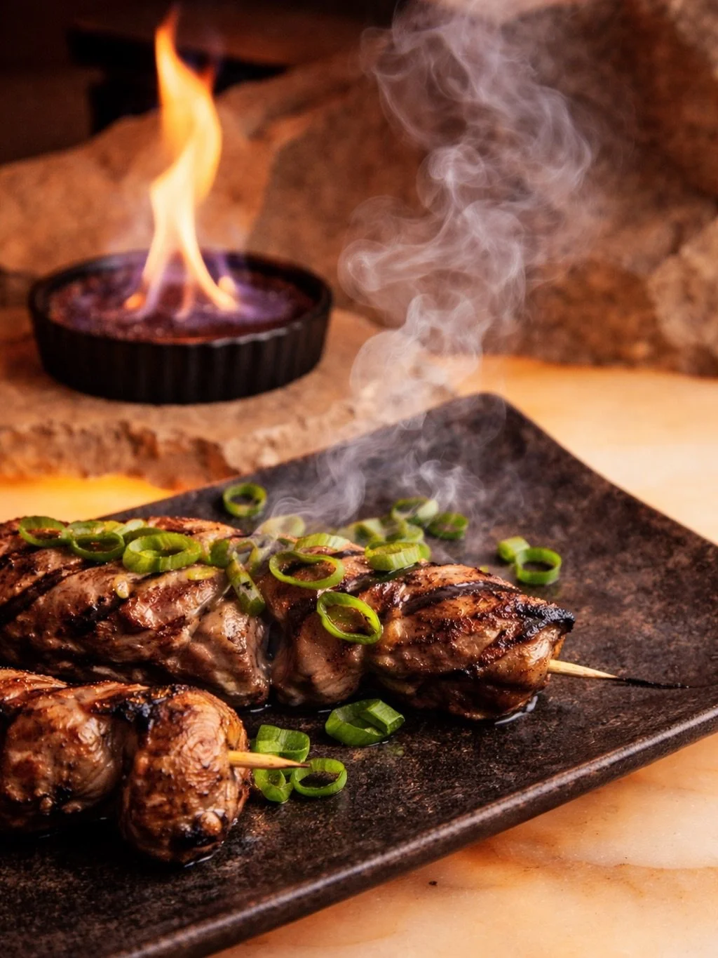 Skewers still smoking. 
Cr&egrave;me br&ucirc;l&eacute;e catching fire.
Timing is everything.✨

Book now! Link in bio