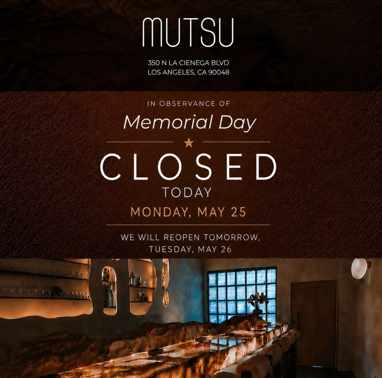 Mutsu wish you all a happy Memorial Day

We&rsquo;re closed today, Monday, May 25, but will reopen tomorrow, Tuesday, May 26.👀

Reservations in the link in bio