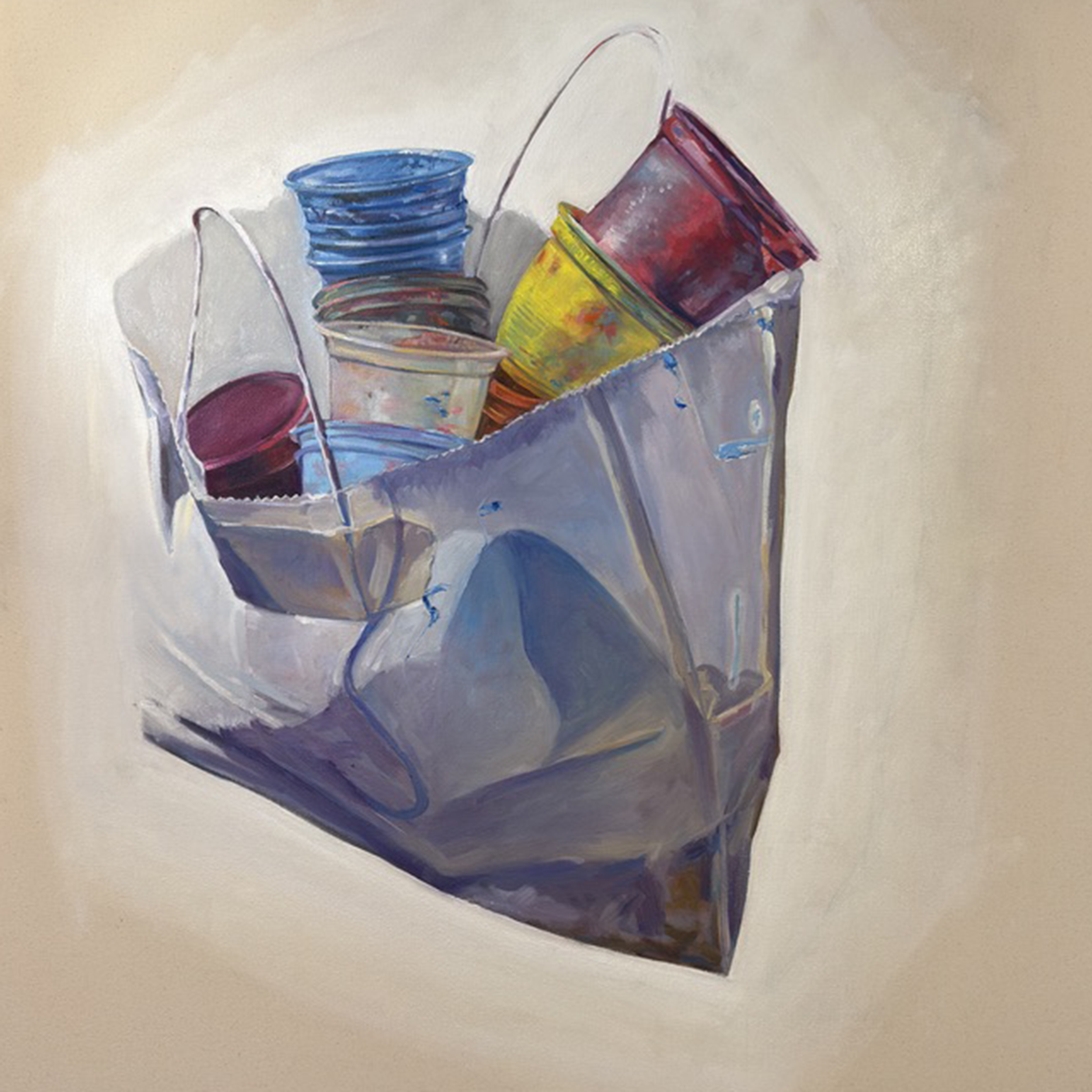 PAINT CUPS IN BAG 2025, Oil on canvas, 48 x 48 in sq (121.9 x (121.9 cm sq)