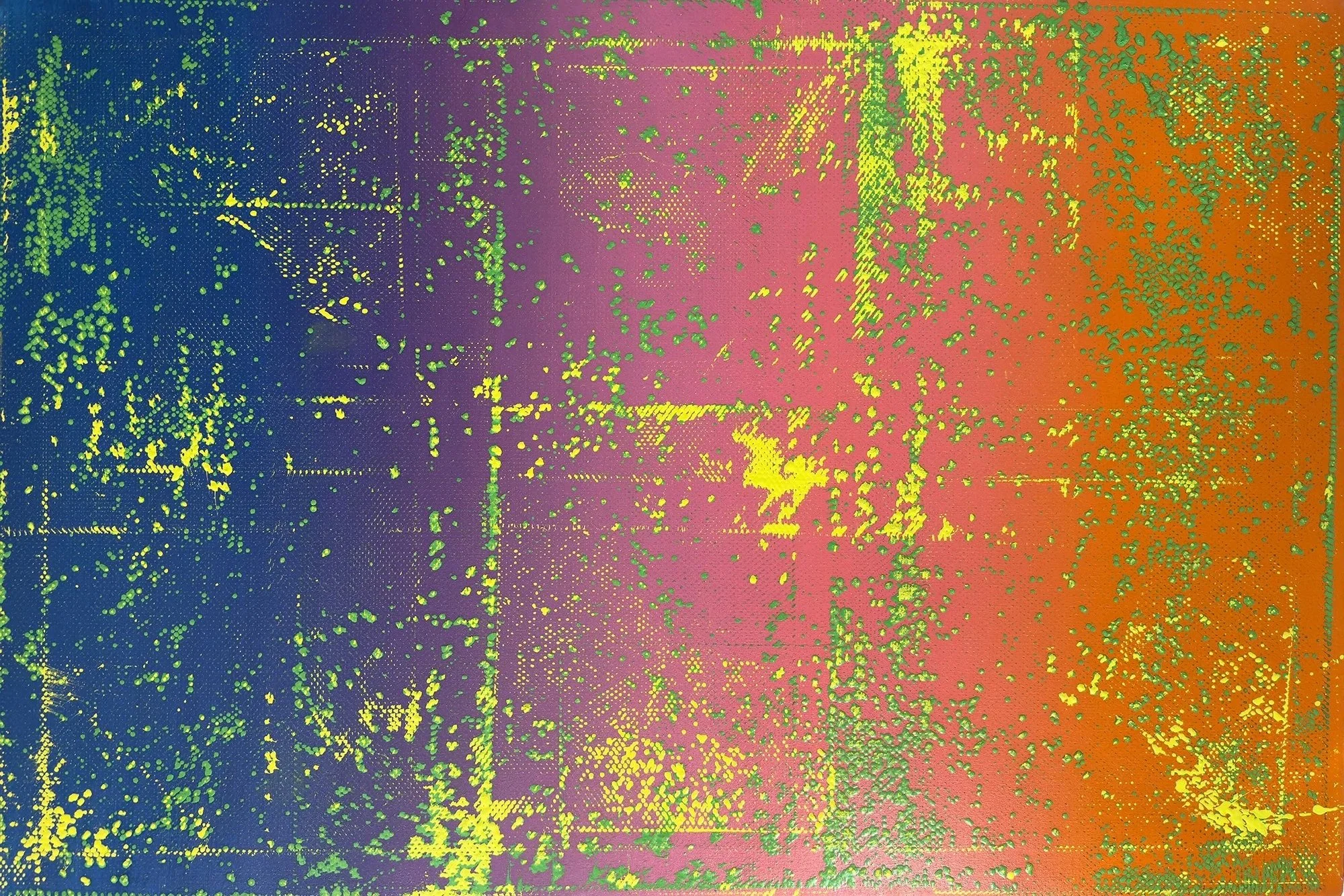 SIGNAL DRIFT I 2026, 
Oil on canvas,
40 x 60 in (101.6 × 152.4 cm)
This painting explores color as atmosphere, signal, and interference. A saturated gradient shifts from heat to cooler depth, while green speckled marks interrupt the surface like nois