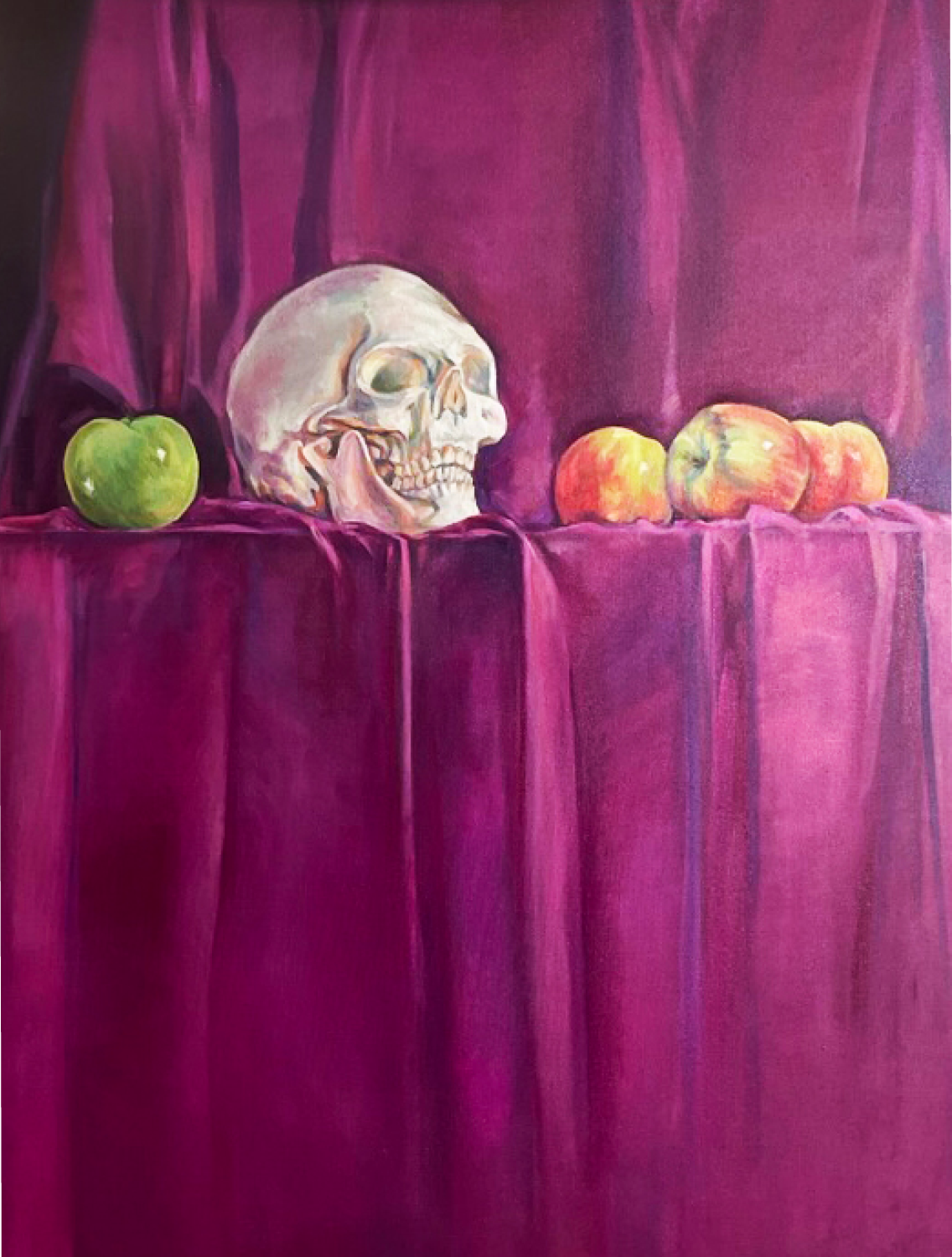 SKULL AND APPLES, 2023. Oil on linen, 36 × 48 in (91.4 × 121.9 cm).