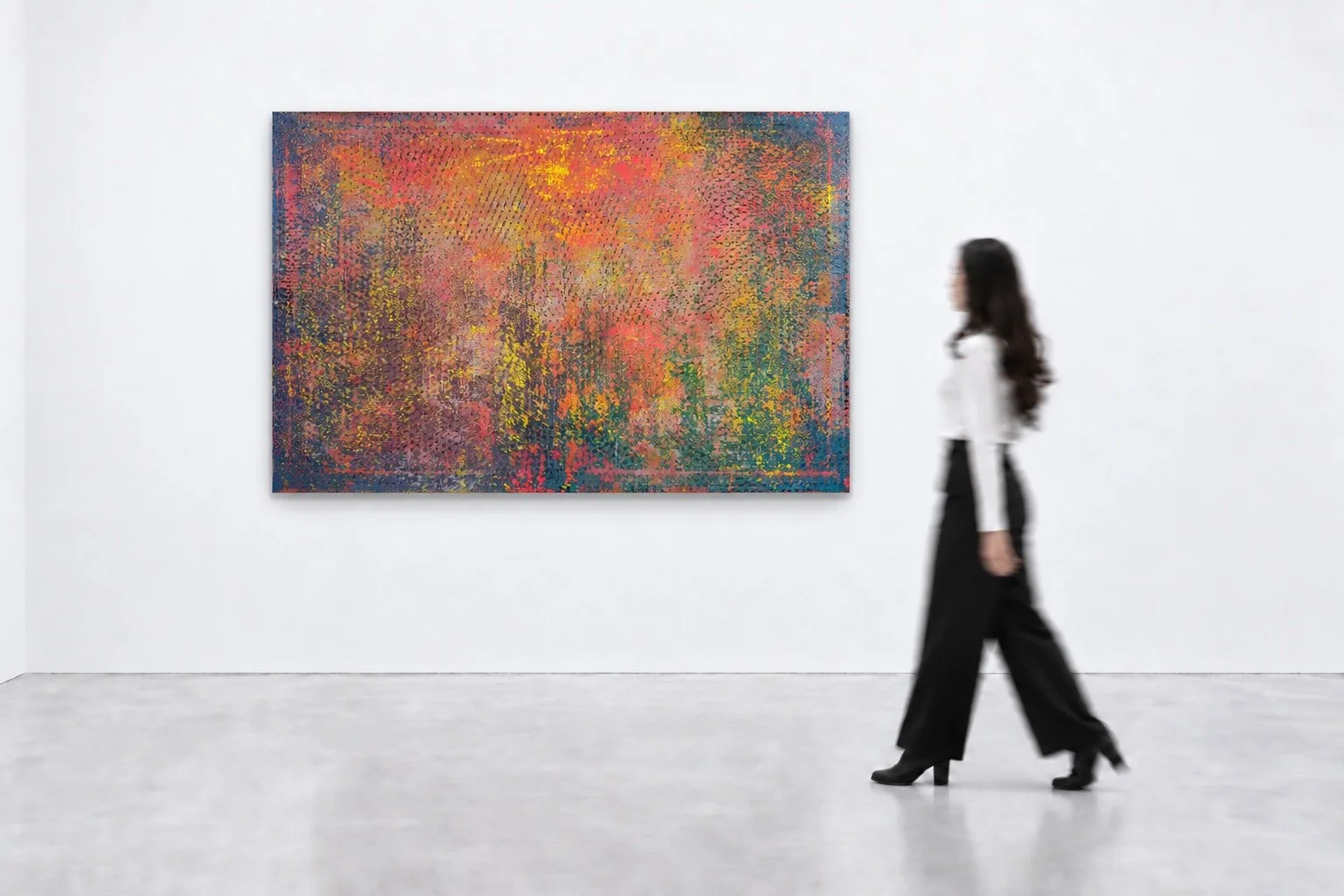 Installation-scale visualization of CASCADE, 2026, shown with a viewer for scale.