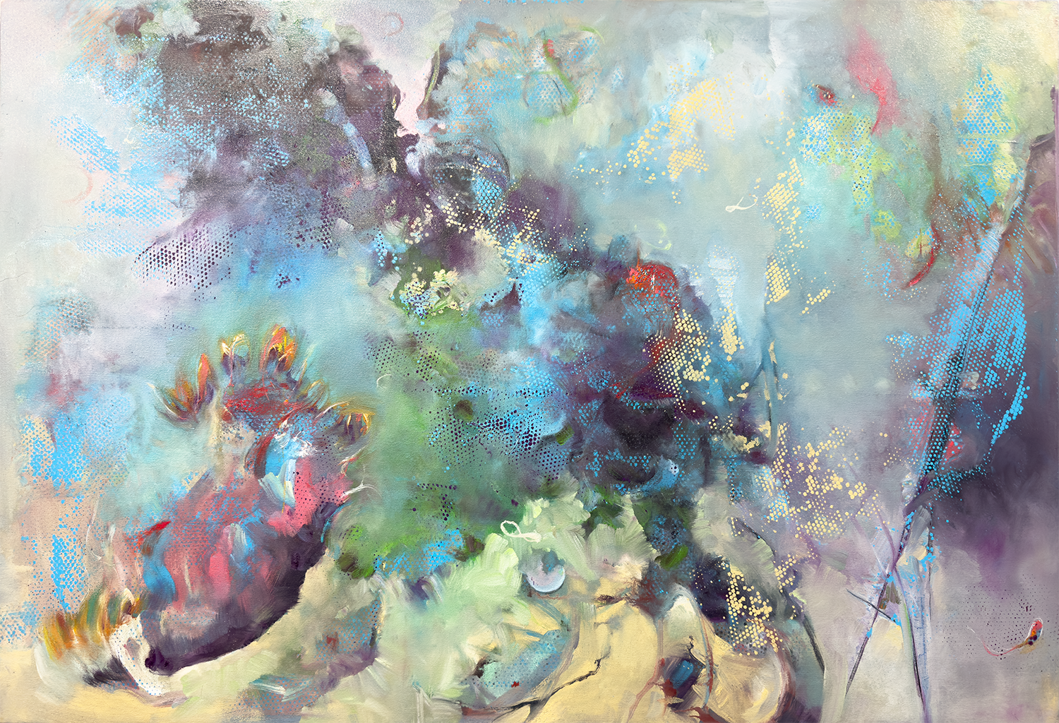 EMERGENT BODY, 2026 — Oil on canvas,40 × 60 in (101.6 × 152.4 cm)

EMERGENT BODY extends the visual language of the Signal Drift series toward biological reproduction at the molecular level. Layered brushwork, scratches, abrasion, and dotted impressi