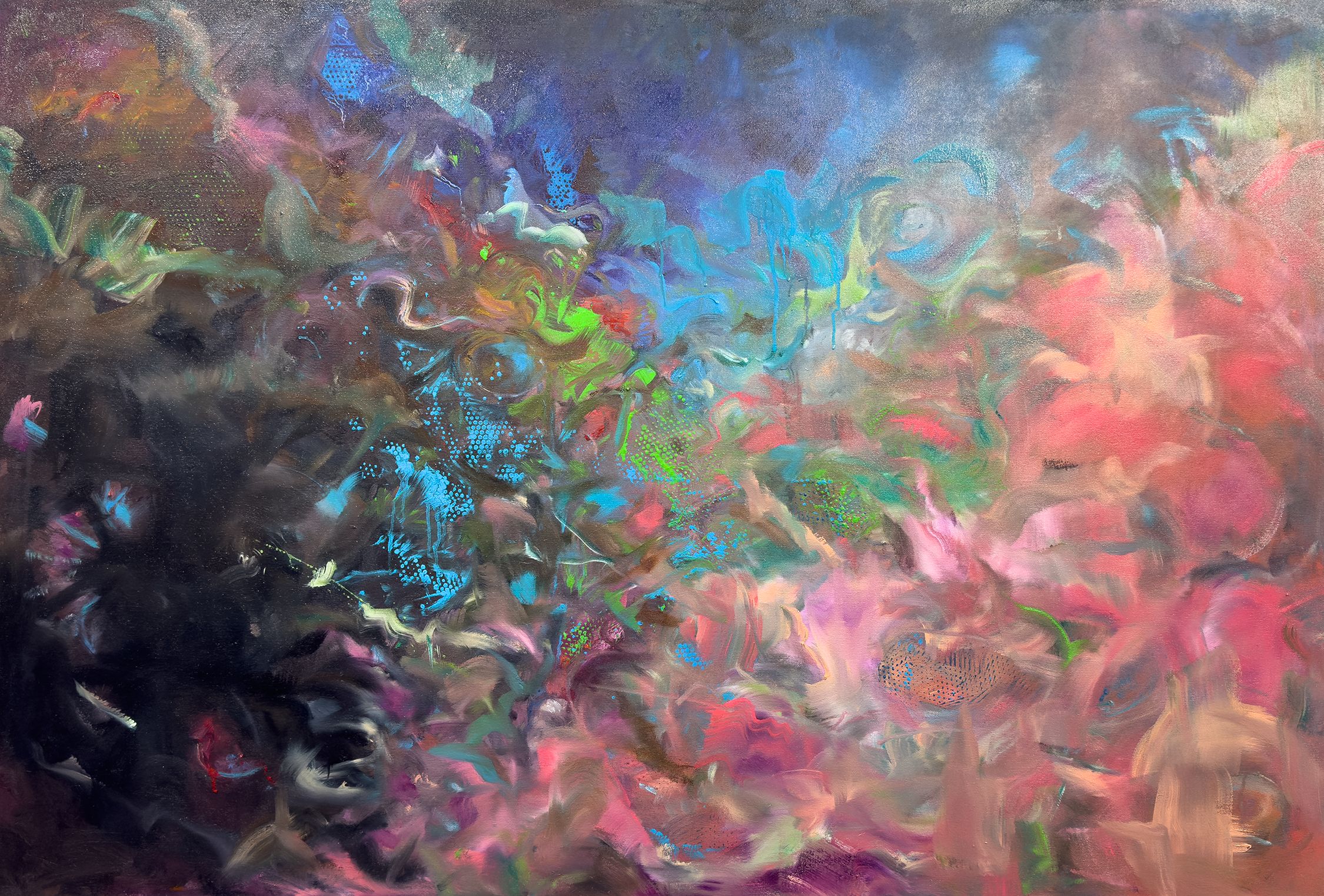 EMERGENT BODY, 2026 — Oil on canvas, 40 × 60 in (101.6 × 152.4 cm)

EMERGENT BODY extends the visual language of the Signal Drift series toward biological reproduction at the molecular level. Layered brushwork, scratches, abrasion, and dotted impress