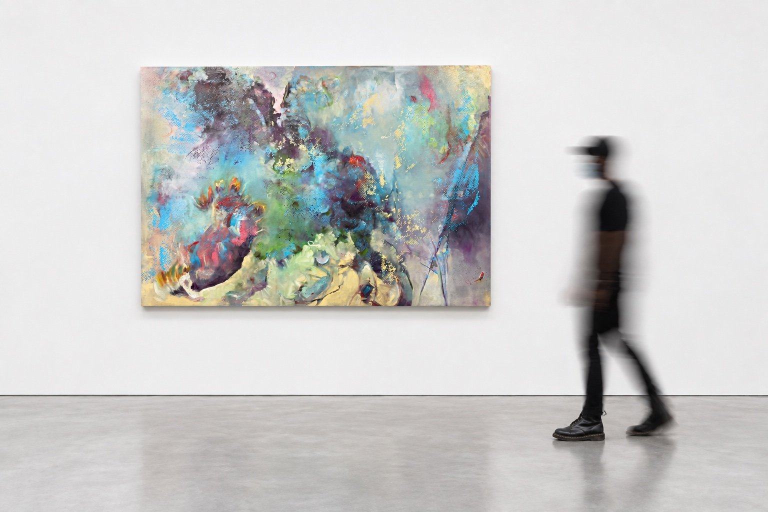 Installation-scale visualization of EMERGENT BODY, 2026, shown with a viewer; artwork size 40 × 60 in.